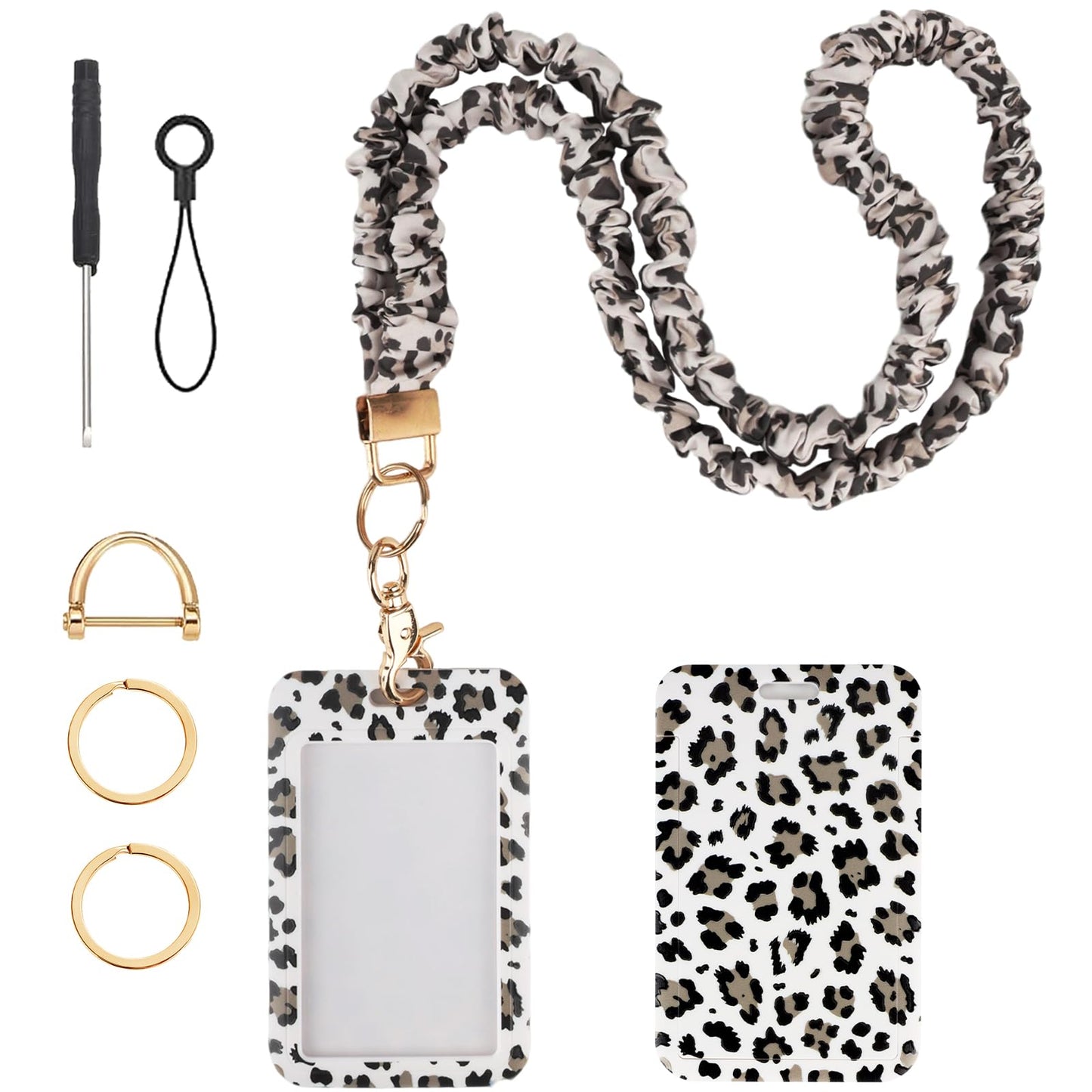 Scrunchie Lanyard Breakaway with ID Badge Holder - Leopard Style Stretchy Lanyards with ID Badges and Key Rings Set, Ideal for Mother's Day, Birthday, Workers Teachers Nurse Gifts