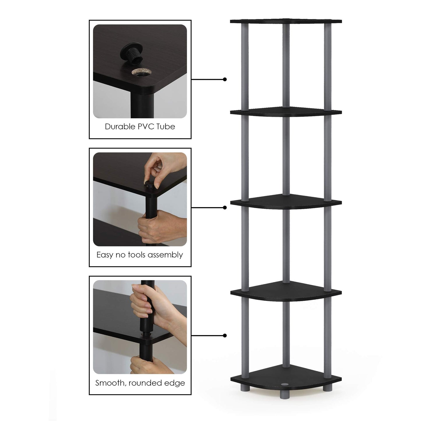 Furinno TURN-N-TUBE Corner Shelf, 5-Tier Corner Bookshelf, Open Storage Shelves, for Organization and Storage, Living Room, Home Office, Garage, Bedroom, Black