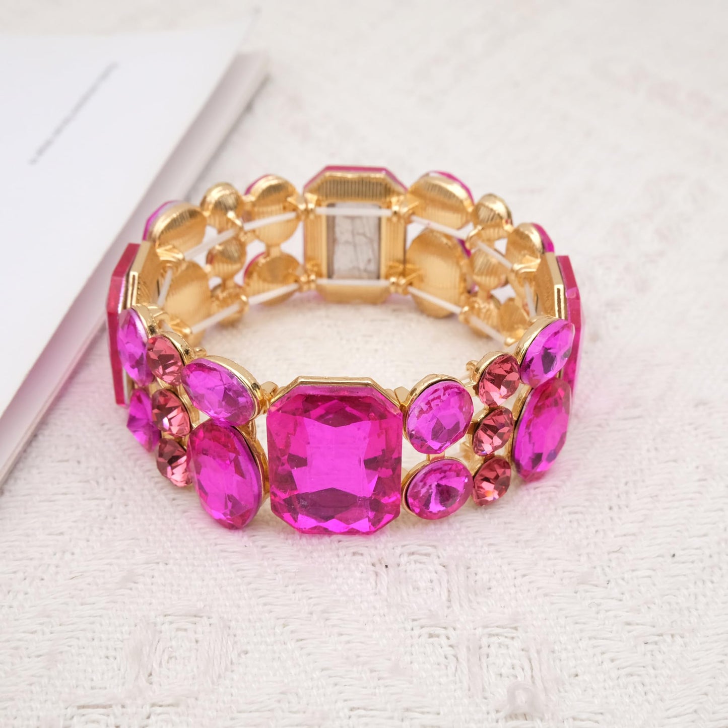 CSY Women's Statement Stretch Wide Bangle Bracelets Austrian Crystal Art Deco Elastic Bracelet for Party Prom (hot pink crystal)