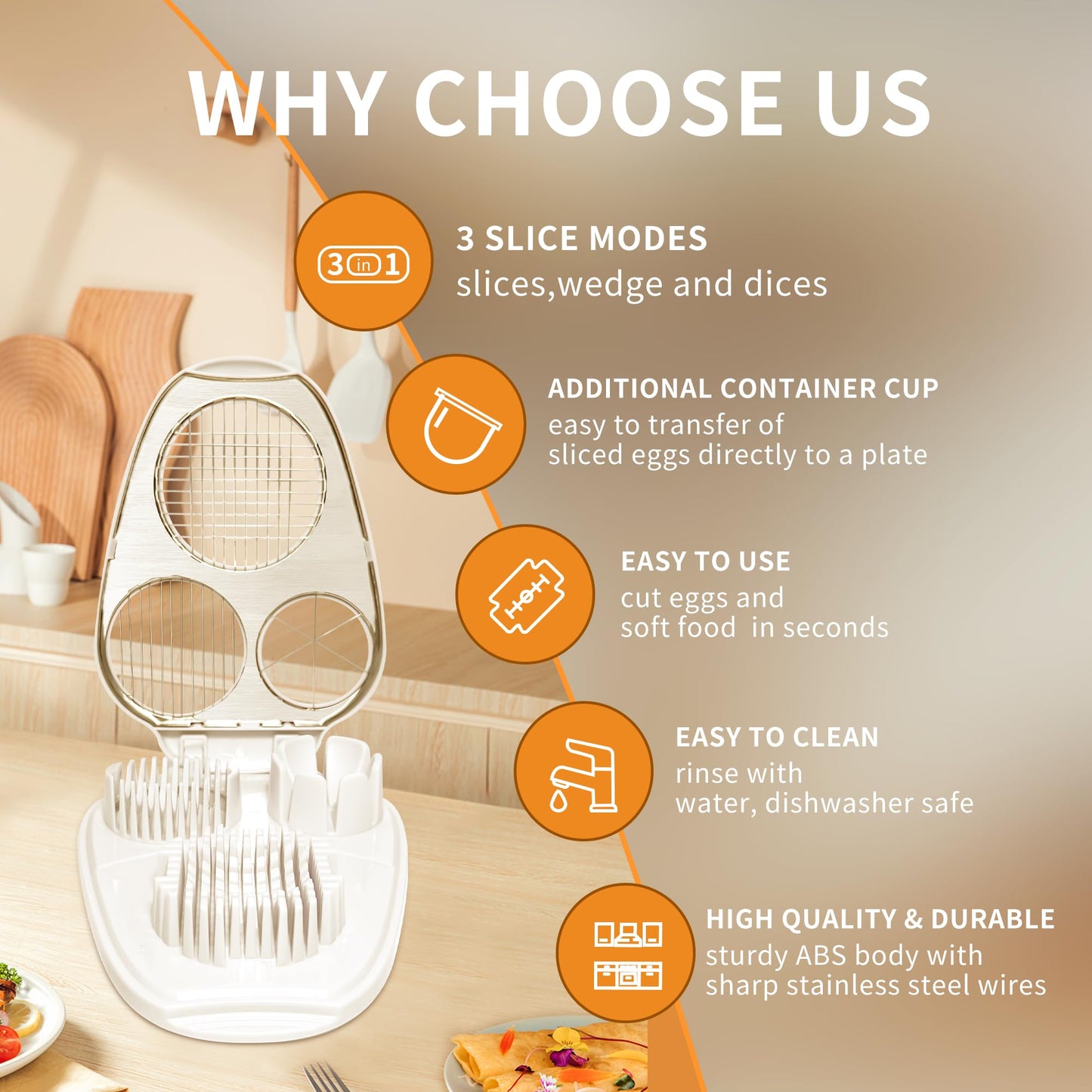 3-in-1 Egg Slicer for Hard Boiled Eggs, Multiple Slice Modes Egg Cutter, Heavy Duty Stainless Steel Chopper Tool, Multipurpose Kitchen Gadgets for Strawberry, Salad, Kiwi, Mushroom, Tomato Prep