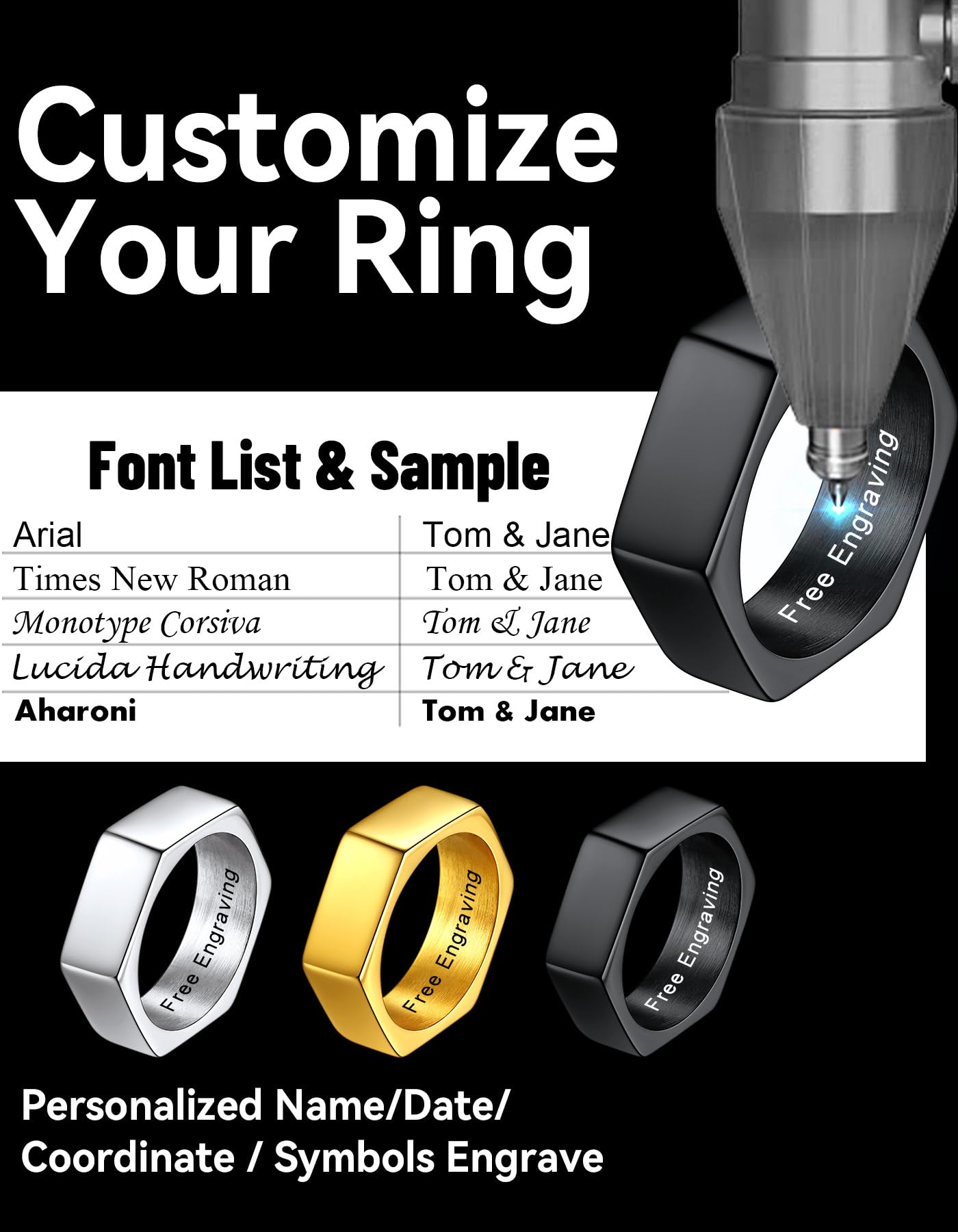 ChainsHouse Personalized Engravable Stainless Steel Black Hexagon Geometric Biker Ring Bands, Size 9