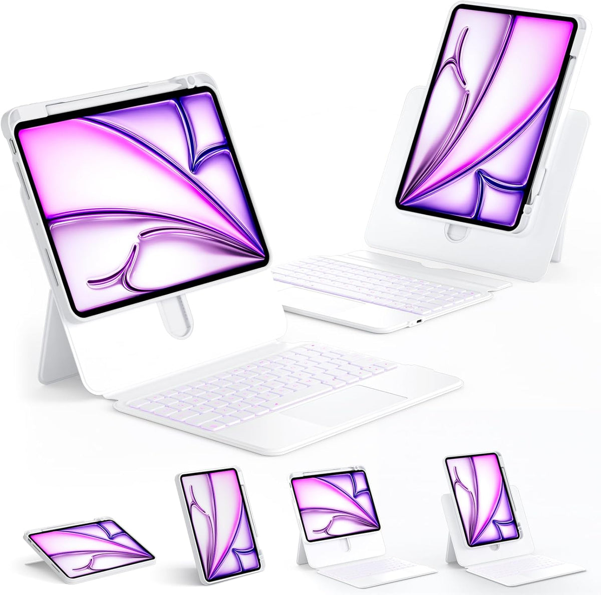 ONLY fit for 2024 M4 iPad Pro 11 inch Case with Keyboard Detachable Magic Keyboard Trackpad, 360 Rotating Cover with Pencil Holder Multi Angle Stand, 12 Shortcut Key, 7 Color Backlit, White