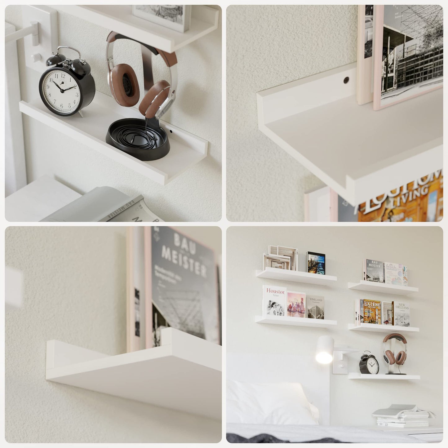RICHER HOUSE 5 Set White Floating Shelves, Wall Mounted Shelves for Wall Decor, Modern Picture Ledge Shelf with Lip for Storage Nursery, Bedroom, Living Room, Bathroom - White