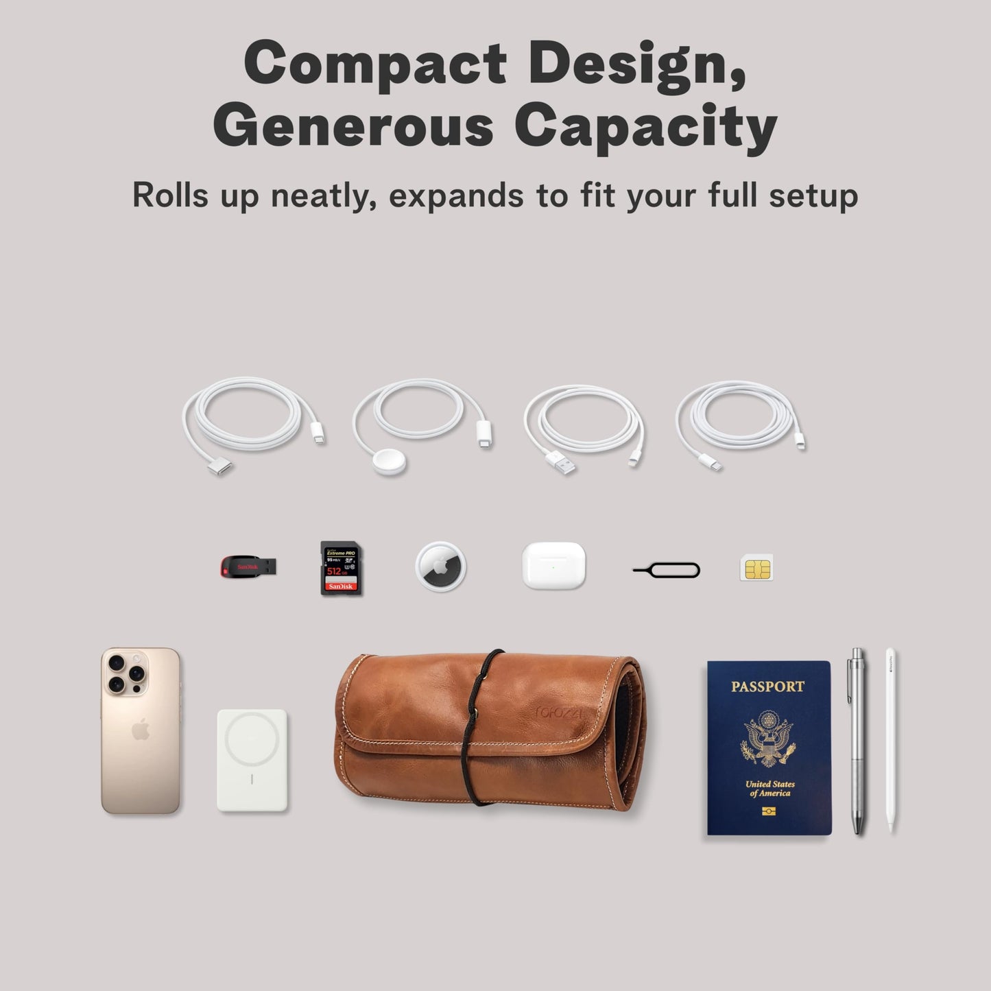 rofozzi Leather Tech Pouch, Passport Holder for Travel, Cables Organizer Roll, Mesh Zippered Pockets for USB Drive, Phone, Battery, SD Card, SIM Card