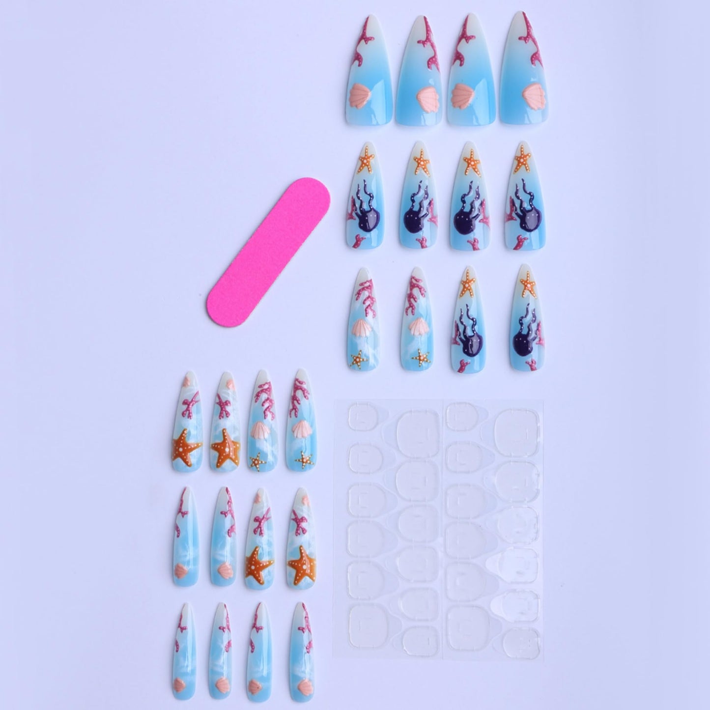 octoswave Press on Nails Long Almond Fake Nails Blue Artificial Nail Spring Stick on Nail for Women 24pcs