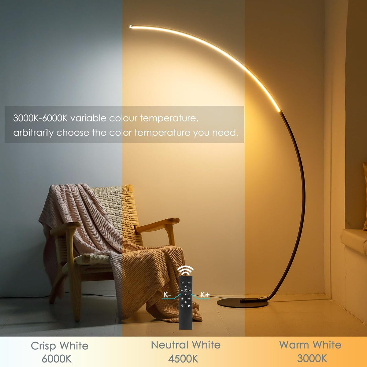 NUÜR Arc Floor Lamp, 67" Tall Black Gold LED Modern Standing Floor Lamp with Remote Control, Arched Bright Floor Lamps for Living Room Bedroom Office Home (Black)