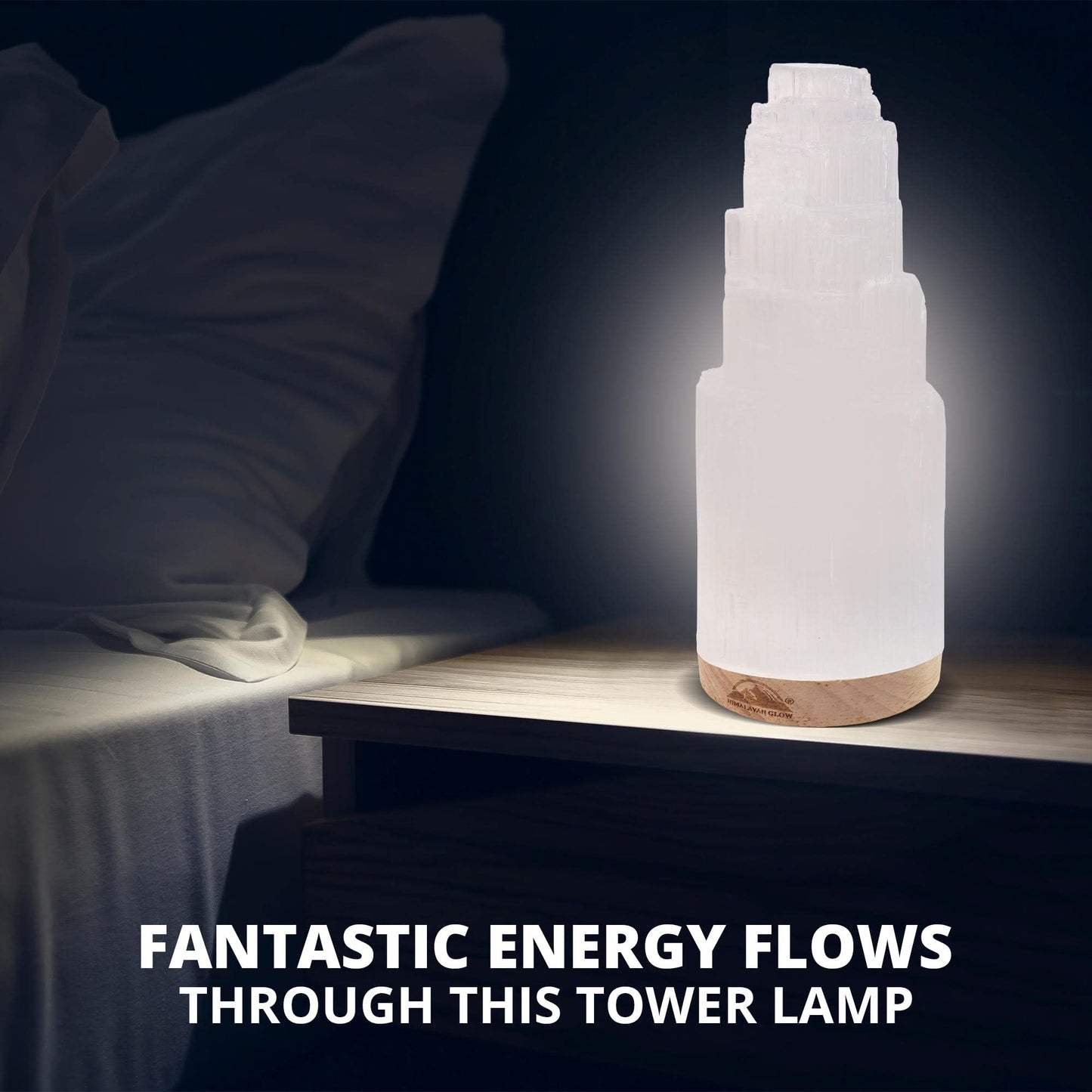 Himalayan Glow Selenite Crystal Lamp 20cm, Hand Curved Morocco |Skyscraper| Crystals and Healing Stones,(ETL Certified) with Wooden Base & USB Charging Cable For Healing Cleansing & Meditation