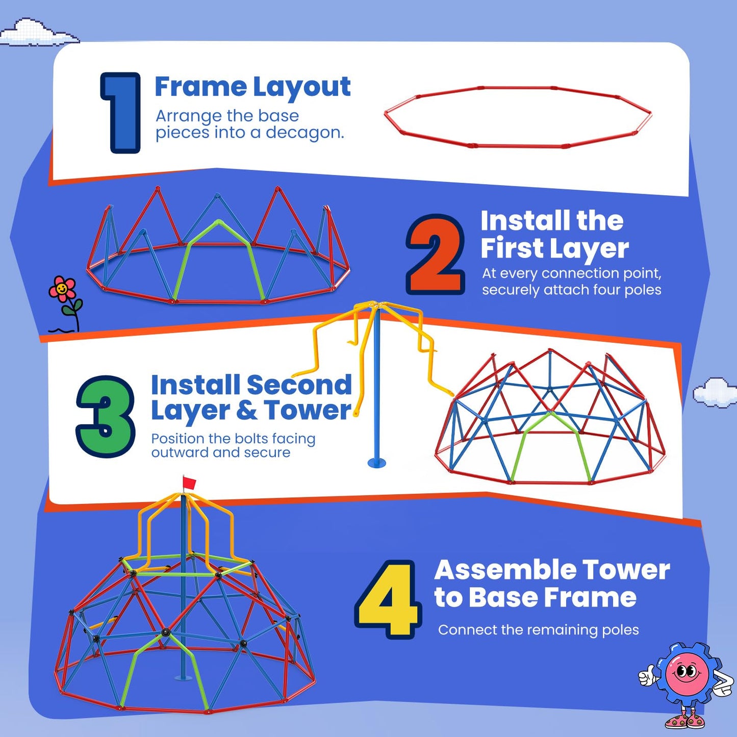 Zupapa 10FT Climbing Dome with Tower, Outdoor 10FT Geometric Dome Climber Tower for Kids 3-10 Supporting 1200 lbs, Easy Assembly Playground Jungle Gym Backyard Play Equipment