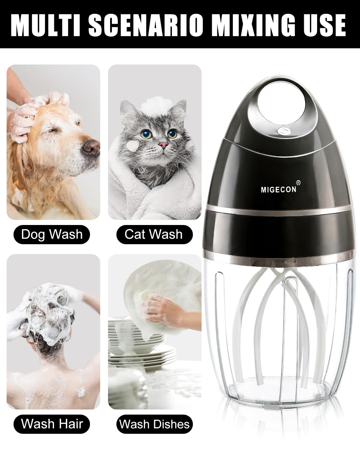 MIGECON Stand Mixer Electric Kitchen Mixer, Electric Egg Beater, Shampoo & dogs Body Wash Foam Whipper, One-touch operation to prevent spills (Dark Grey)