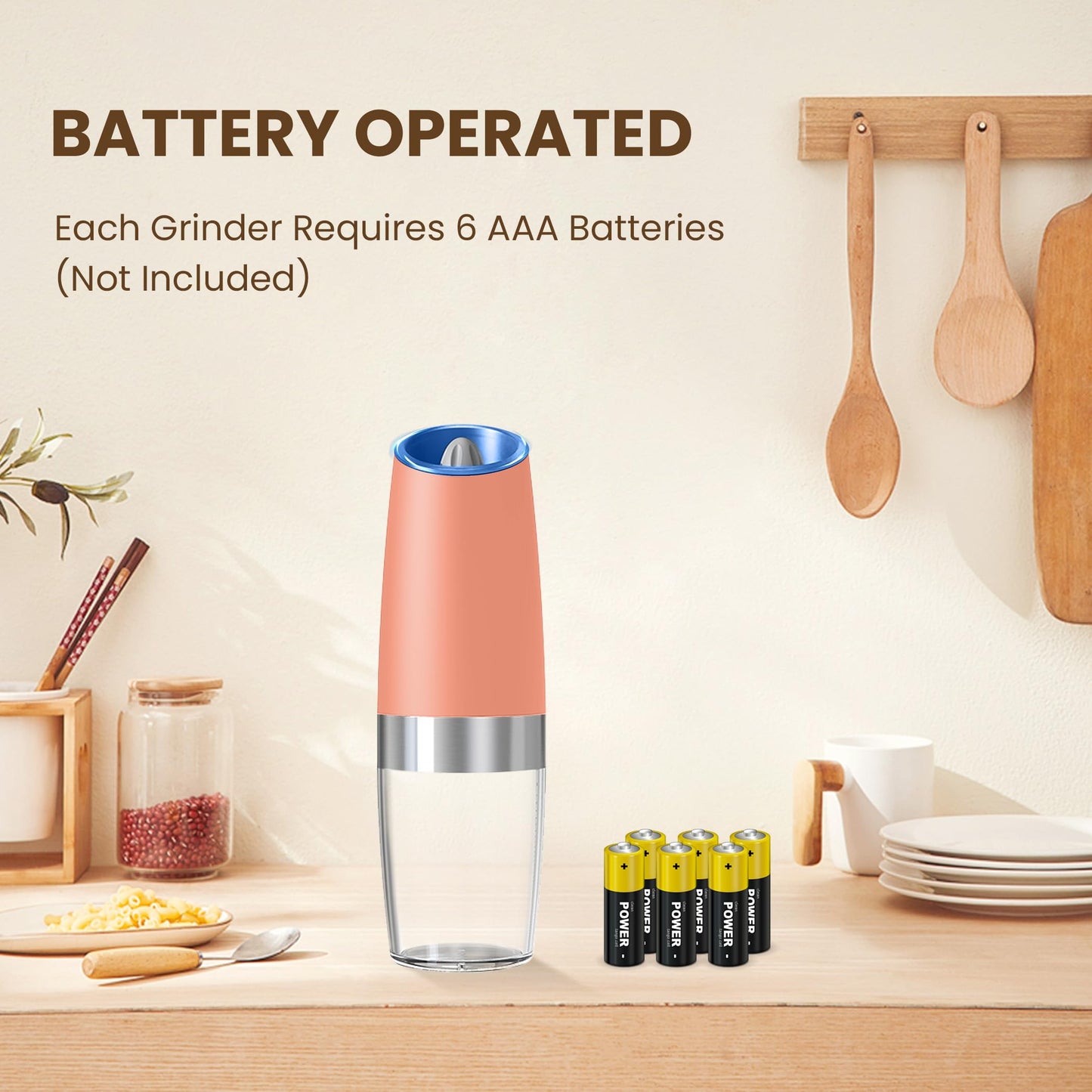KIARYUOLL Gravity Electric Salt And Pepper Grinder Set, Automatic Salt And Pepper Grinder Set, Battery Powered (6 AAA Batteries Each), Adjustable Roughness, LED Light, 2 Pack, (Pink)