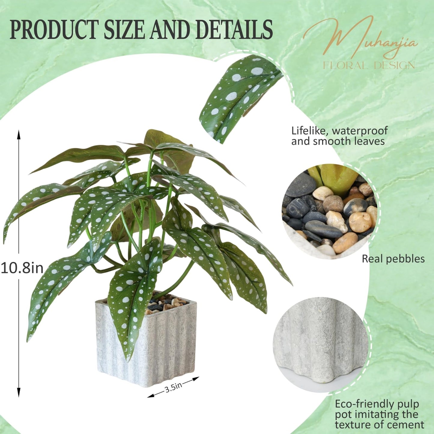 Muhanjia Artificial Potted Plant, Lifelike Faux Greenery in Decorative Cement-Look Square Pot for Indoor Home Decor Centerpieces (Polka Dot Begonia)
