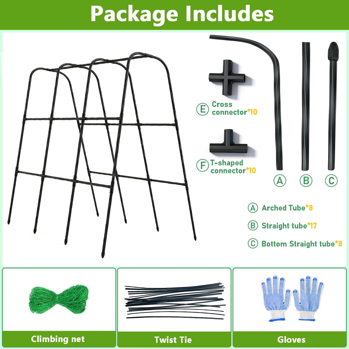 Garden Arch Trellis for Climbing Plants, Plastic-Coated Steel Trellis with Easy-Connect System, Includes Net, Ties & Gloves, Outdoor Plant Support for Vegetables (47.2" L x 47.2" H)