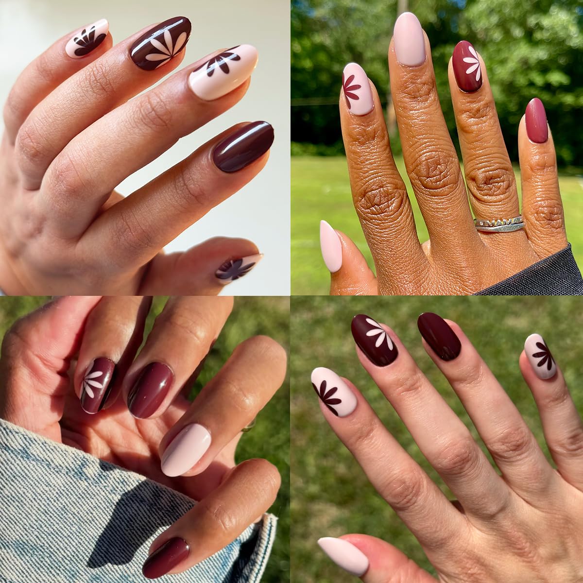 Olive & June Classic Super Stick Mani Press On Nails | No Glue Needed | 32 Tab Nails 16 Sizes | Non-Toxic Tabs Easy On-Off Non-Damaging Realist Look | 7-Day Wear | Medium, Oval |Big Duo Toned Flowers