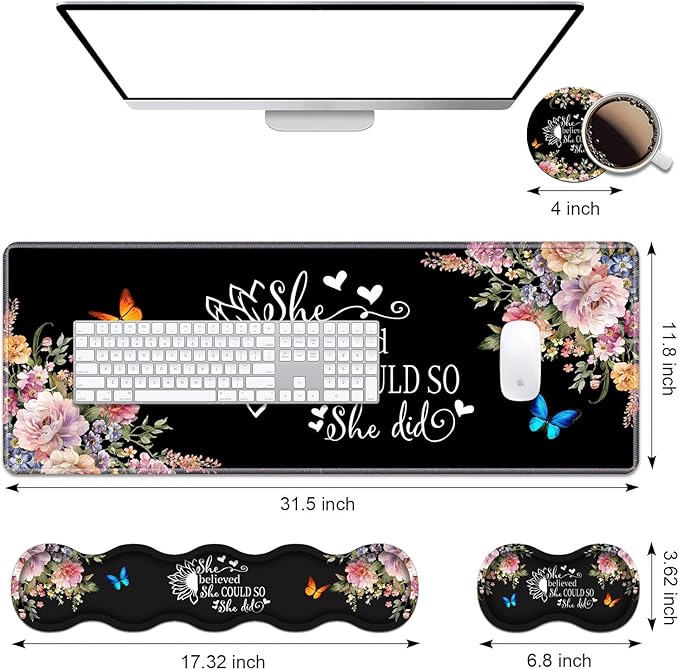 Ergonomic Keyboard Wrist Rest & Mouse Pad Wrist Rest Set, 31.5"x 11.8" Large XXL Gaming Desk Pad Memory Foam Non-Slip Desk Mat for Office & Home, Floral Quote She Believed She Could So She Did