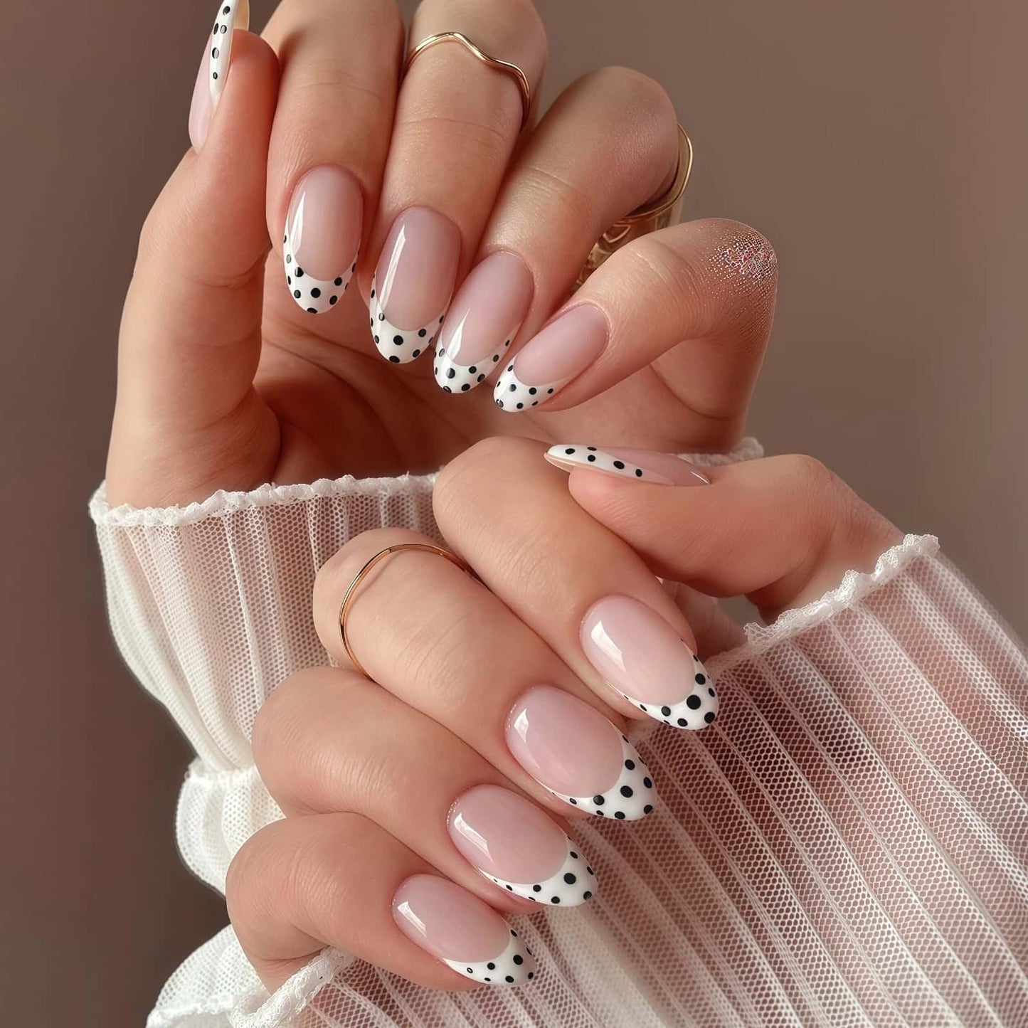 Polka Dot Press On Nails Medium Almond Fake Nails Nude Pink French Tips with Black & White Polka Dot Design Glossy Glue on Nails Reusable Artificial Nail Full Cover Sticker on Nails for Women 24 Pcs