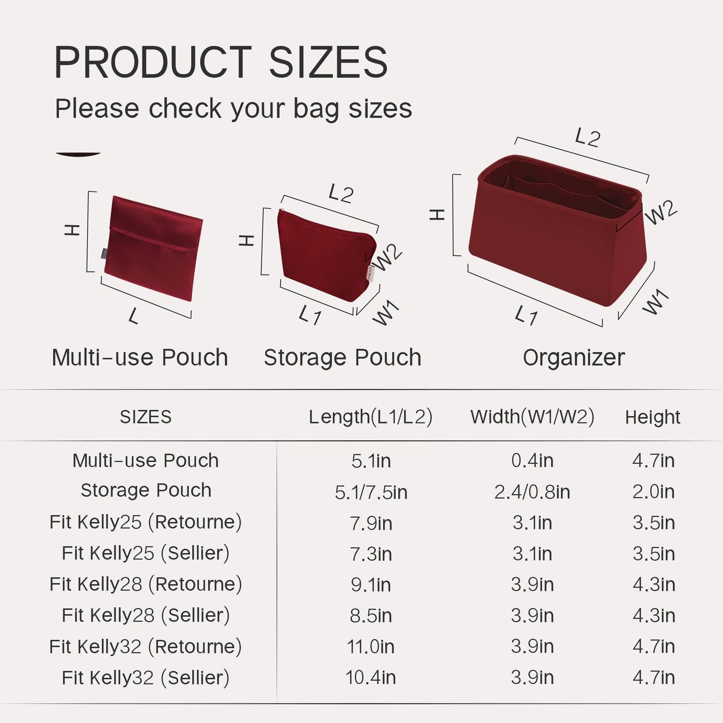 JLYZ Moon Fits for Kelly 25 Bag Insert,Premium Silk Purse Organizer Insert, Smooth Touch & Lightweight，Luxury Handbag Organizer with Gift Box Fits For Hermes(Kelly 25 Retourne,Rouge H)
