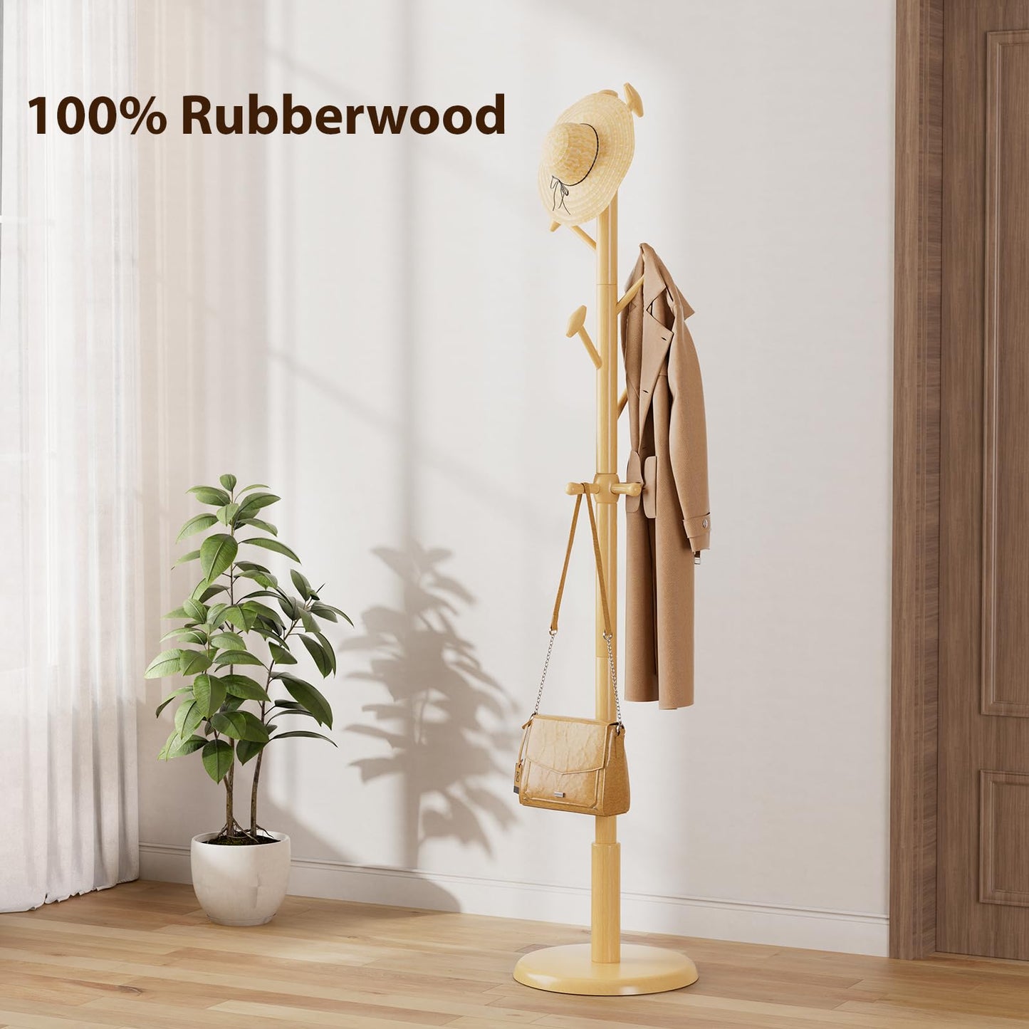 Taitiy Solid Wood Coat Rack Freestanding Coat Tree with 10 Hooks for Bedroom, Livingroom, Entryway, Sturdy Coat Hanger Stand for Hats, Coats, Scarves, Handbags, Purses