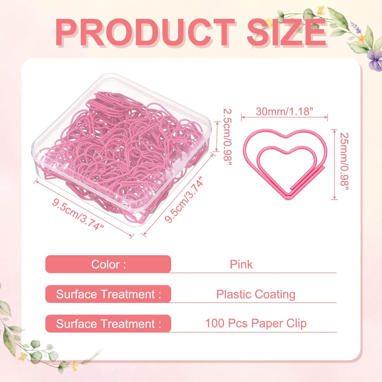 PATIKIL 100 Pcs Heart Shape Paper Clip, Metal Cute Small Paper Clamp Clips for Office Supplies Craft Scrapbook Document Note Sorting, Plastic Coating, Pink