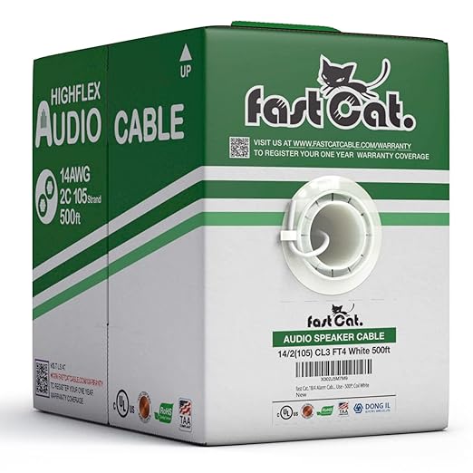 fast Cat. Speaker Wire 14 Guage 2C, UL Listed & CMR/CL3R-FT4 Rated - Speaker Cable w/PVC Jacket, 100% Oxygen-Free Pure Bare Copper - (105) HighFlex 14 Guage Wire - in-Wall Use-500ft Bulk Cable, White