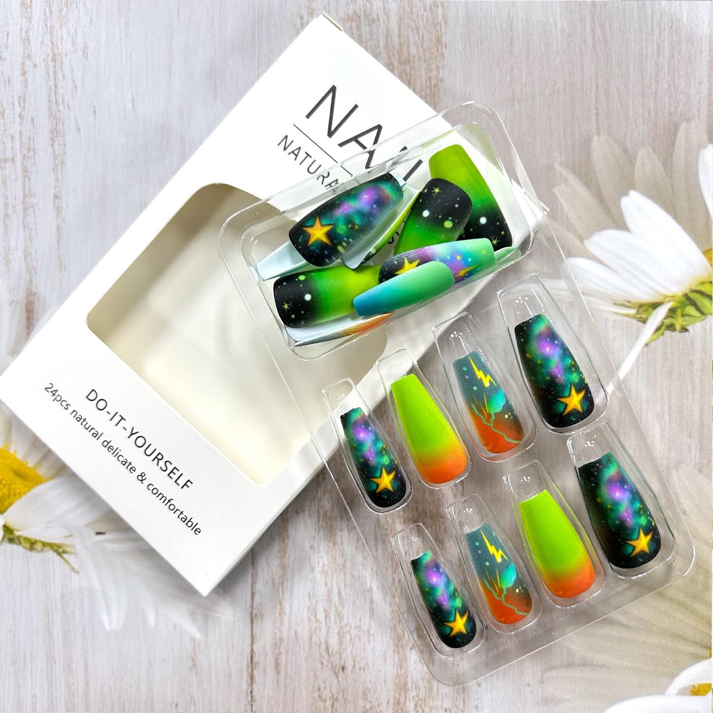 Gradient Press on Nails Long Length Ballet Shaped False Nails Clouds Lightning Pattern Design Acrylic Nails Colorful Smudge Press Nails Artificial Acrylic Nails Full Cover Stick on Nails for Women