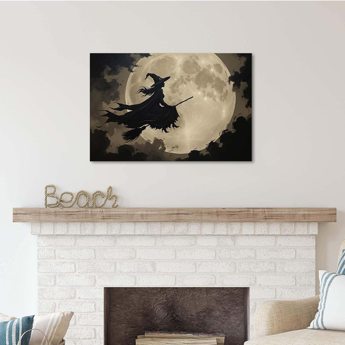 Full moon witch silhouette poster witch on magic broom Halloween mural poster decorative mural art suitable for home living room bedroom8x12in Wood Framed