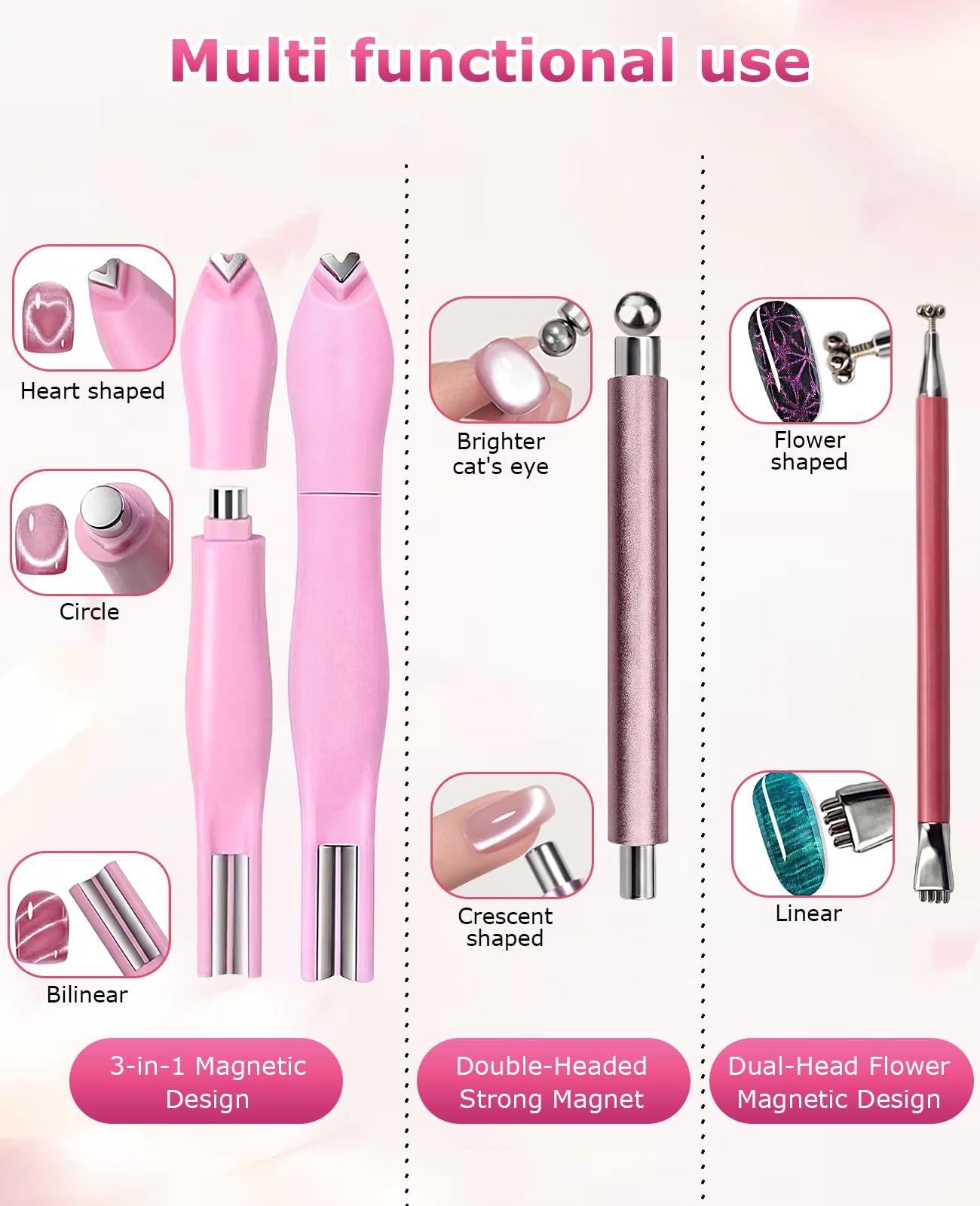 DAWZMR 15 Pieces Double-Head Heart Magnet for Cat Eye Gel Polish Nails, Multifunctional Flower Shape Cateye Nail Magnetic Tool