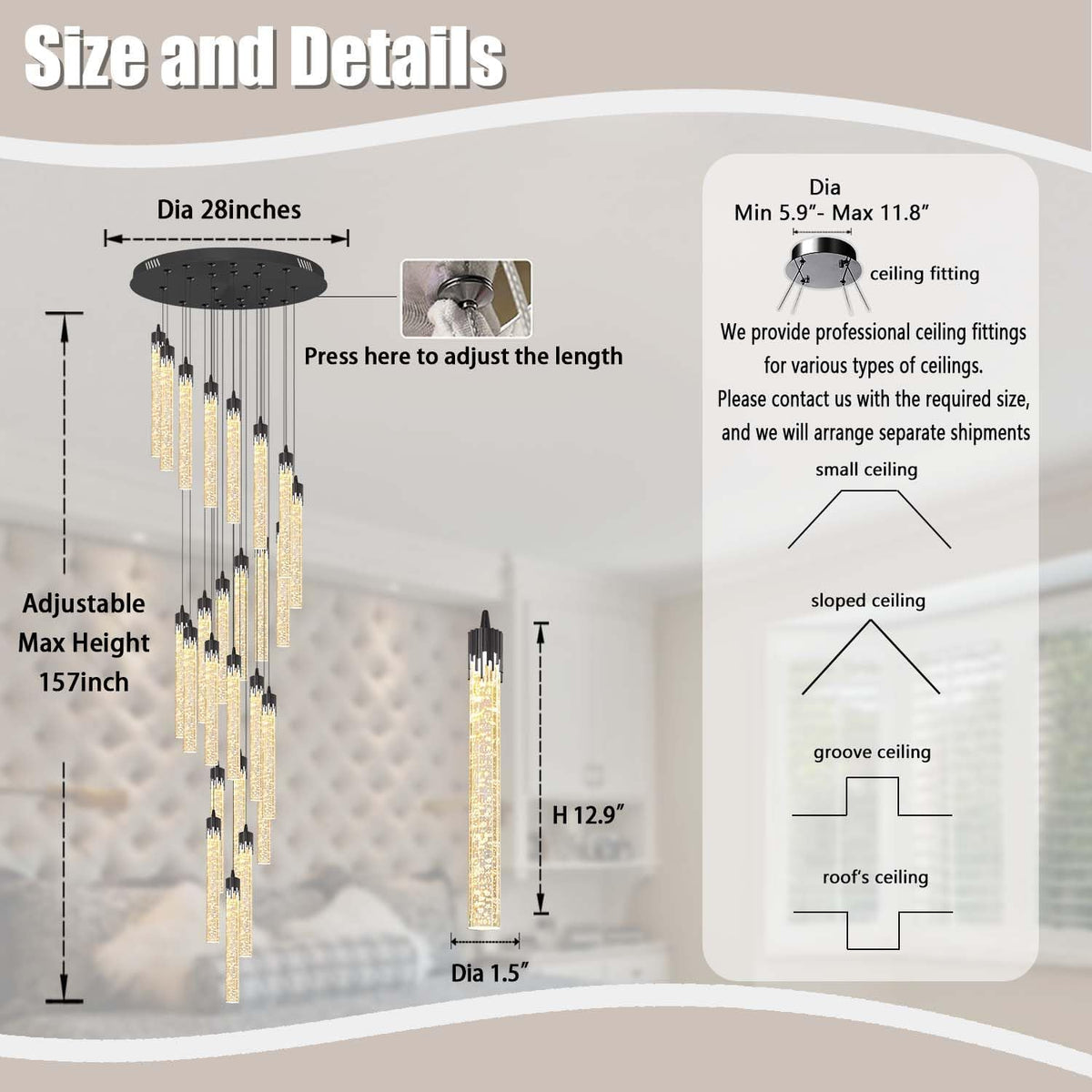 H150'' Modern Chandelier Modern Led Chandeliers Foyer Chandelier Stairs Large Chandelier Adjustable Black Chandeliers Pendant Lighting Fixture Hanging Ceiling Light