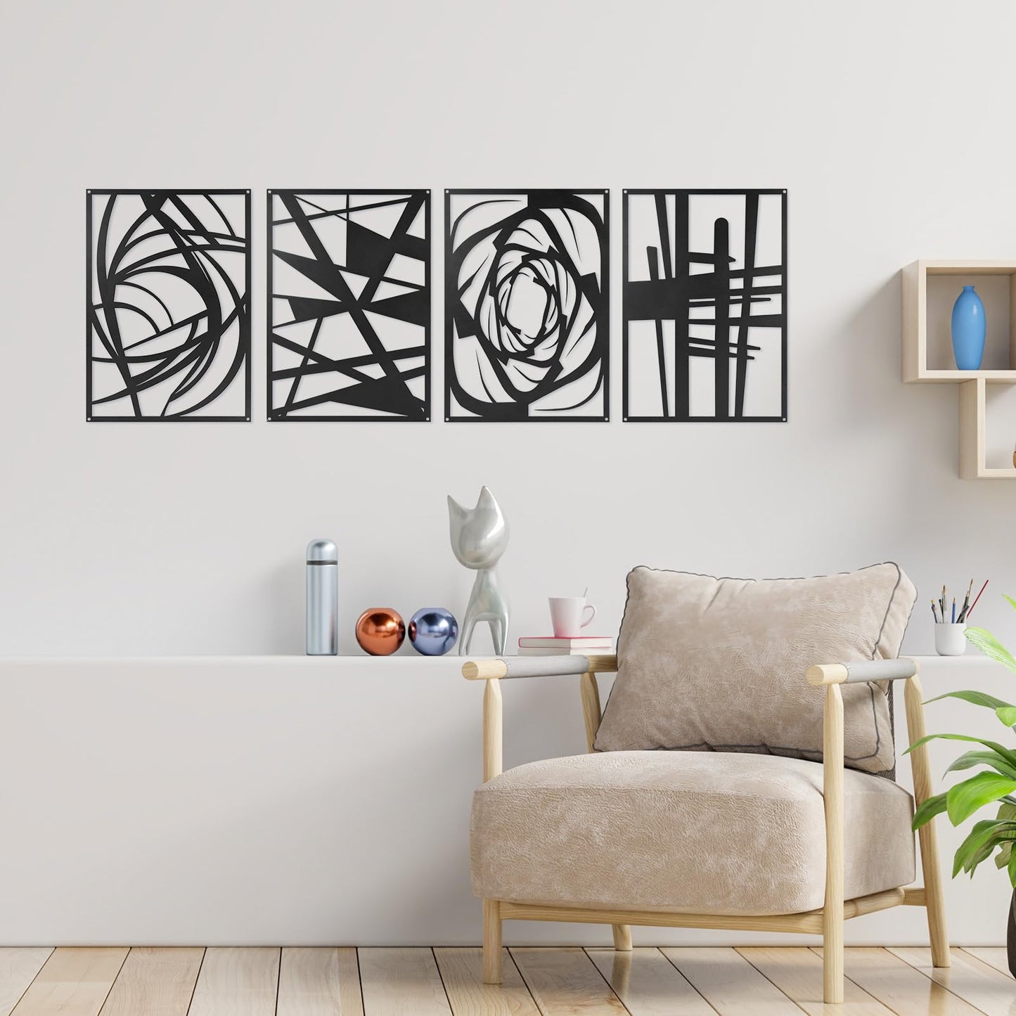 4 Pieces Black Abstract Metal Wall Art, Modern Minimalist Matte Wall Decor, 3D Textured Wall Sculptures, Black and White Wall Art for Living Room Bedroom Bathroom Study Office (15.7 x 10.6inch) (Abstract)