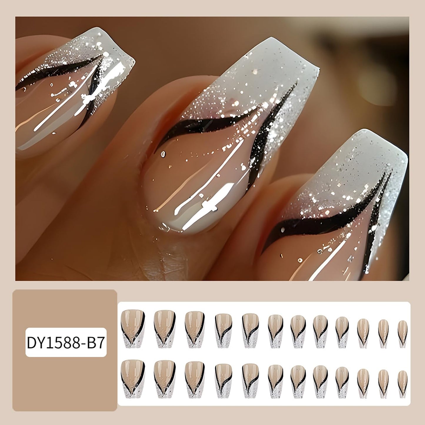 CJDLTS White French Tip Press on Nails Medium Ballet Shaped Nails Glitter Powder Design False Nails Artificial Stick on Nails Press Nails with Design Black Stripe Acrylic Glue on Nails for Women 24Pcs