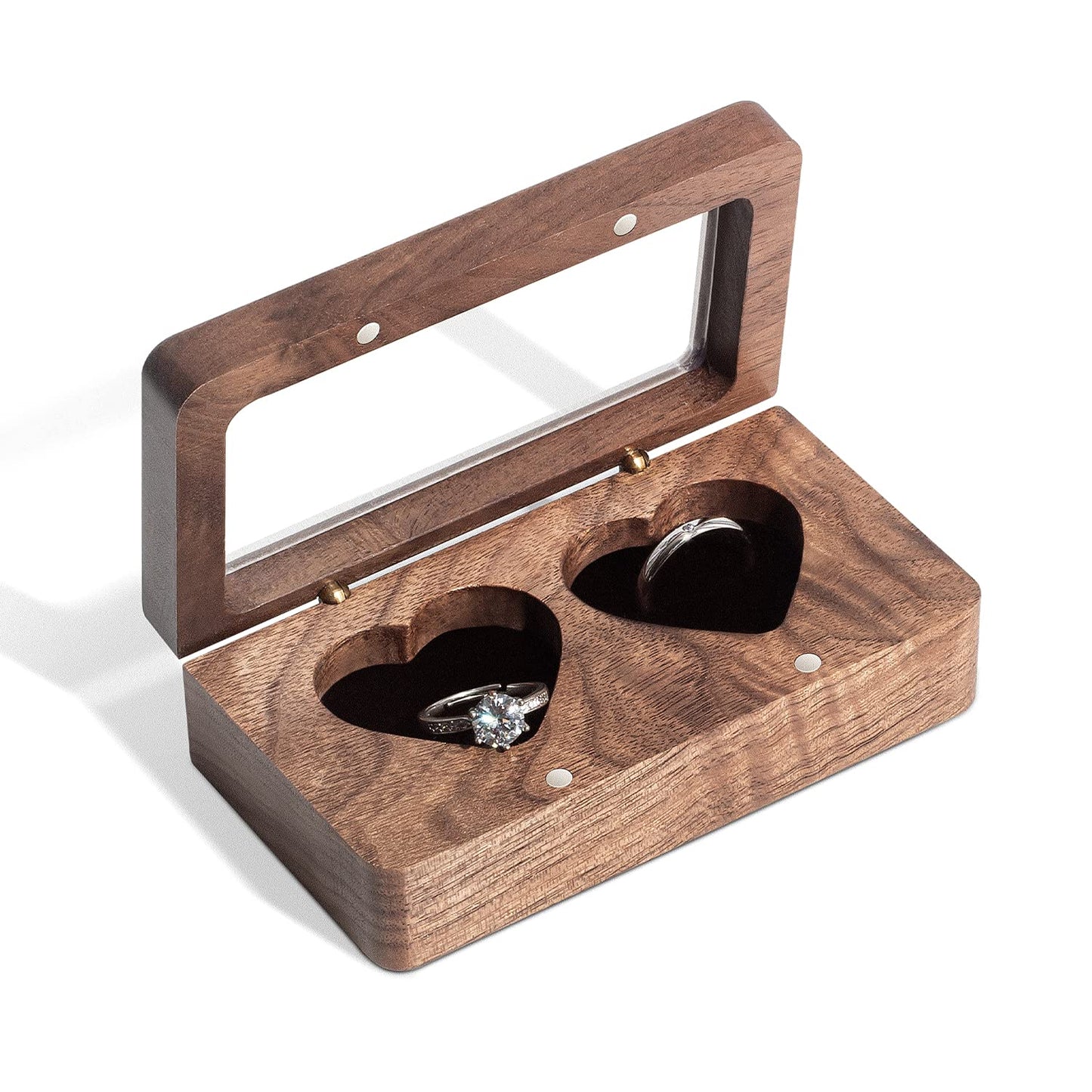 Wislist Double Ring Box for Wedding Ceremony, Walnut Wooden Heart-shaped Ring case for Wedding and Engagement (Walnut)