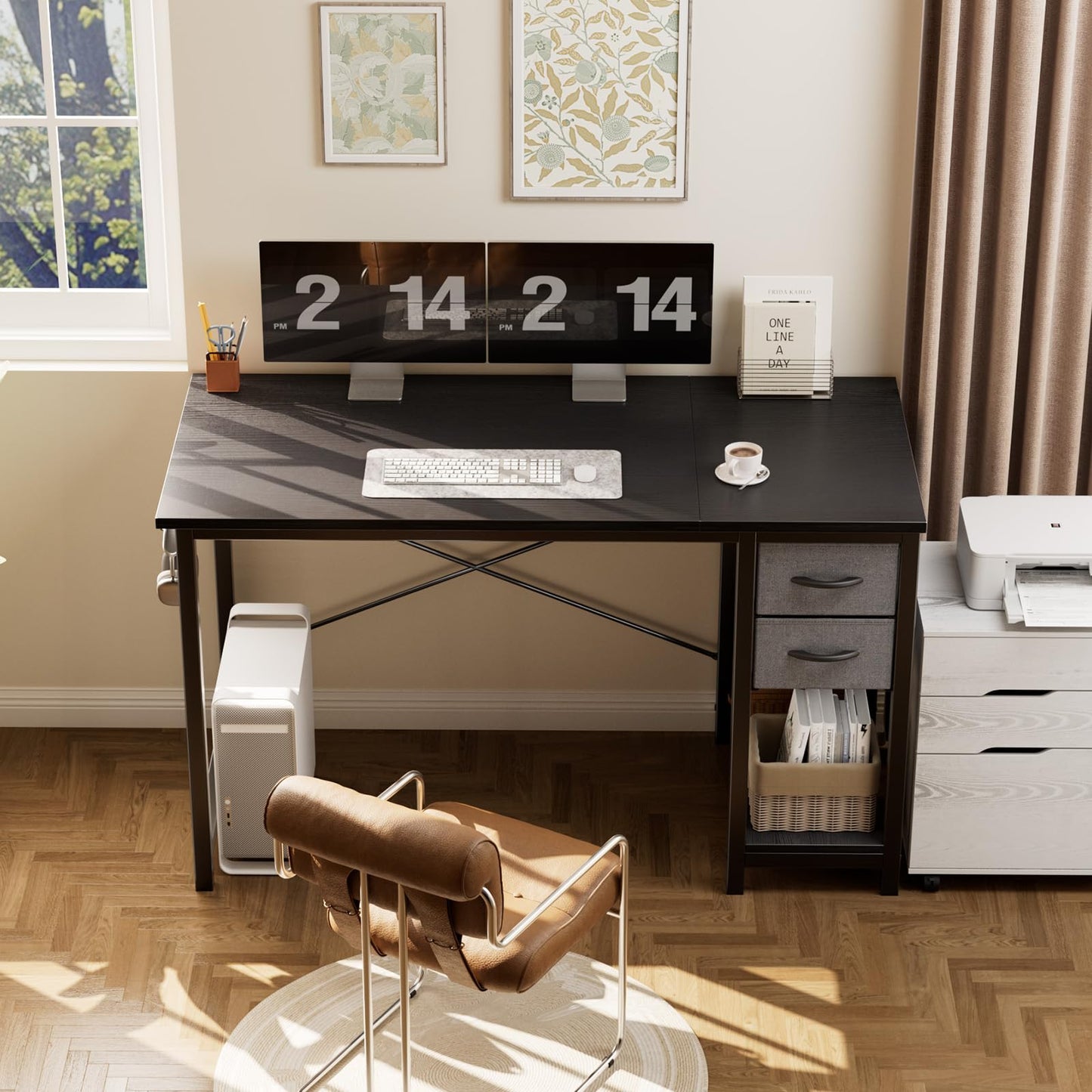 Sweetcrispy 40 Inches Computer Desk with Drawers, Home Office Writing Desk with X-Shaped Reinforcement, Modern Study Work Table with Side Hook, Sturdy Metal Frame, Black