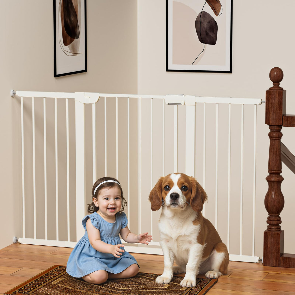 MUTAK 29.5-54.2" Magnetic Baby Gate for Stairs, Baby Safety Essentials, Auto Close Gate for Doorways, Easy Install Pressure Mounted Dog Gate Indoor, Pet Gates for Dogs, White