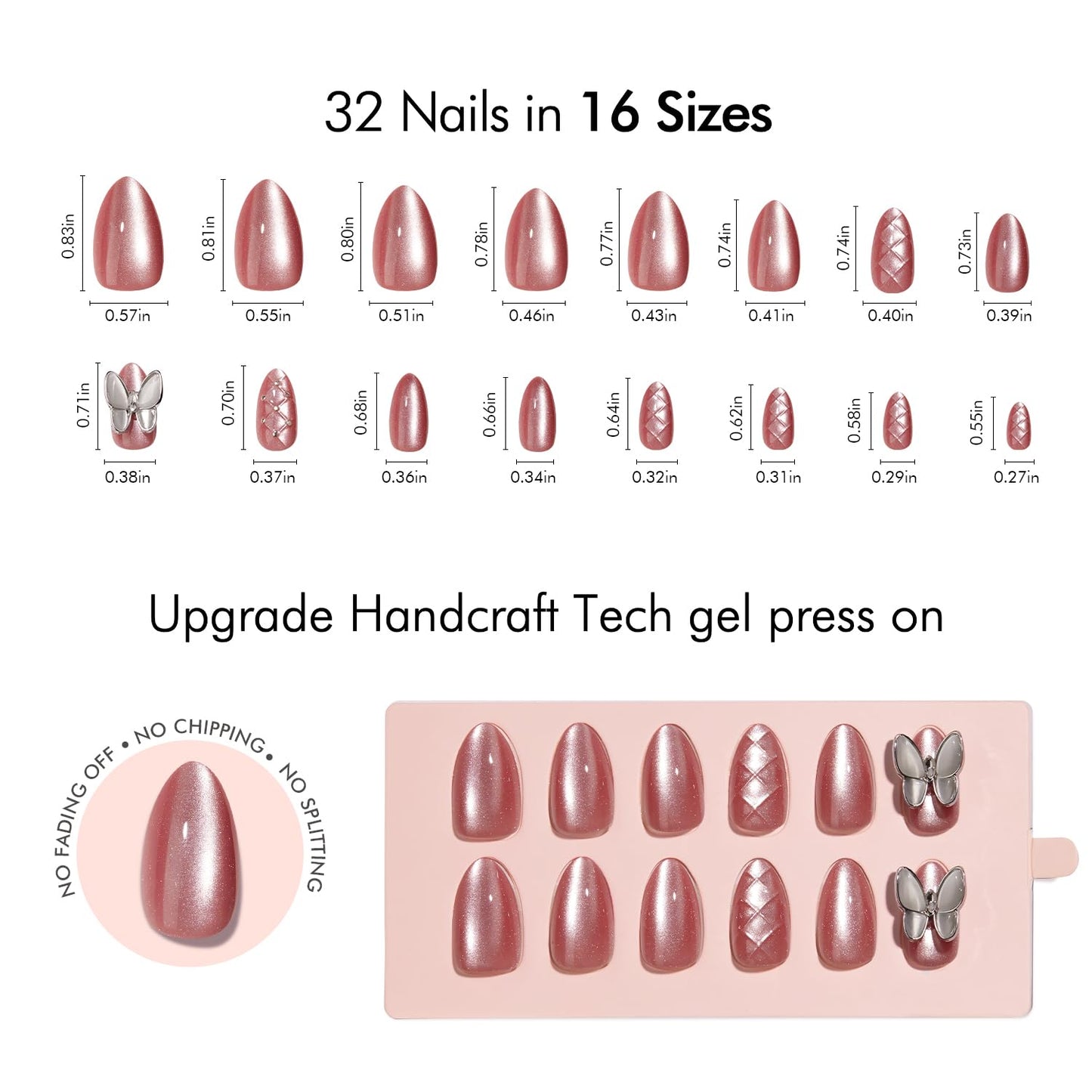 Press on Nails - Short Almond Pink Cat Eye Butterfly Nails & Blue Cat Eye - 2 Reusable Nails Kit (Nourishment Nails & Mini Pack) - 16 Sizes