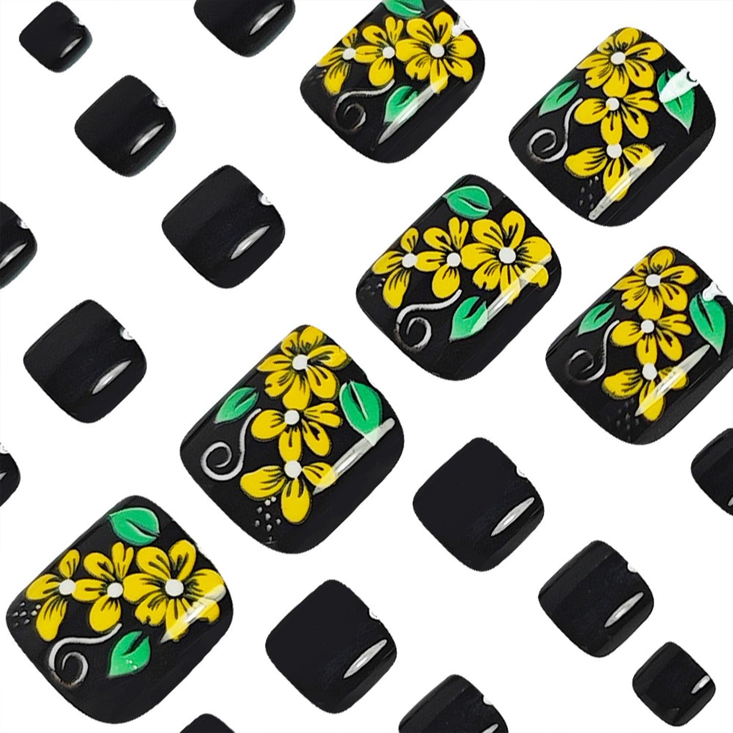 Yellow Flower Press on Toenails Summer False Toenails Black Solid Color Toe Nails Reusable Full Cover Toe Nails for Women
