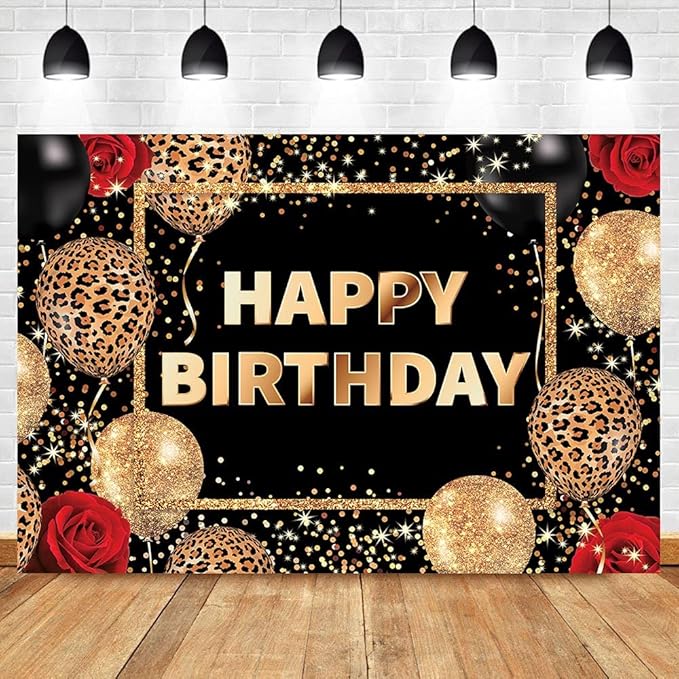 Homewelle Leopard Print Happy Birthday Backdrop Black Gold Red Cheetah Print Banner for Woman Men Polyester Fabric 7Wx5H Balloon Rose Cool Party Celebration Photography Background Photo Shoot Props