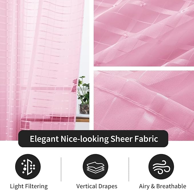 SpaceDresser Check Sheer Curtains 96 Inches 2 Panels Set, Rod Pocket Plaid Window Curtain for Living Room, Pink Semi Sheer Drapes for Kitchen Bedroom Children Room Yard（Pink, 52W x 96L）