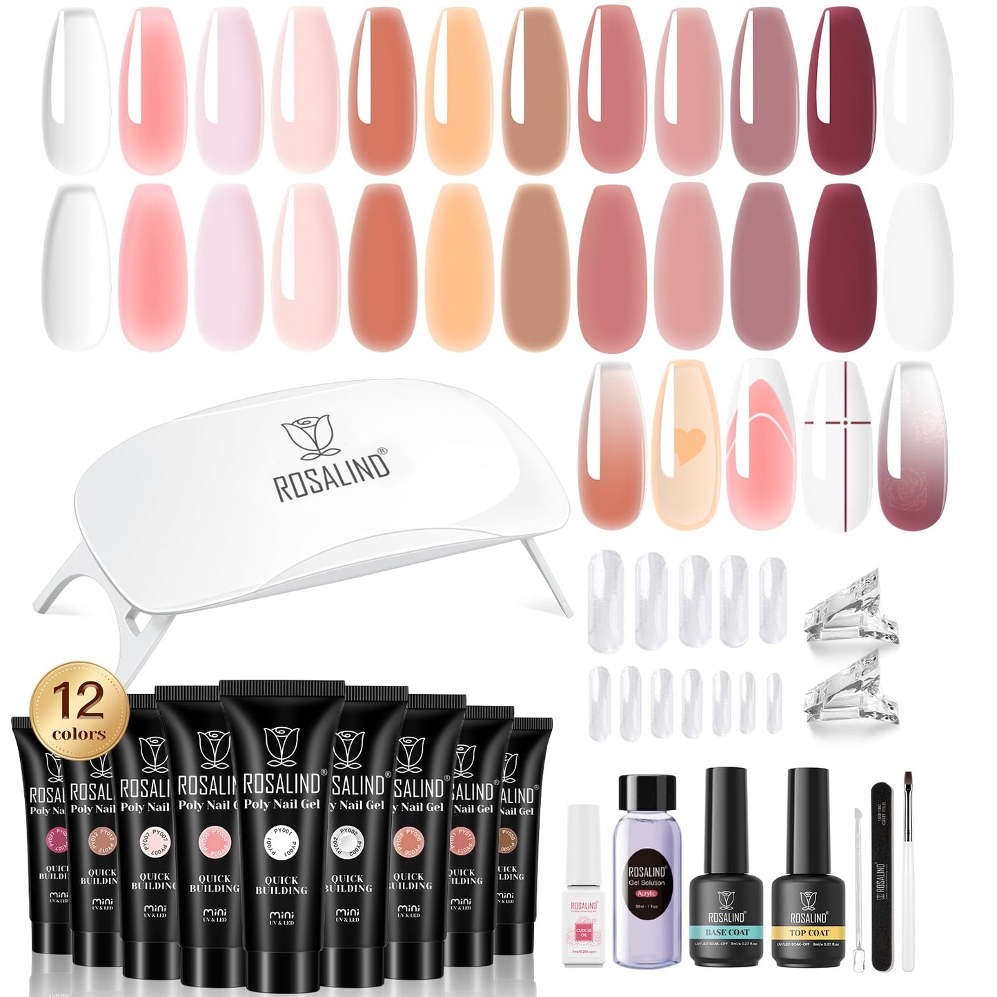 ROSALIND Pink Poly Nail Gel Kit -12 Colors + Nail Art Accessories Kit Nude Shades Poly Nails Gel Starter Kit with Slip Solution All Seasons Classic Colors Nails Extensions Set with Mini UV Lamp