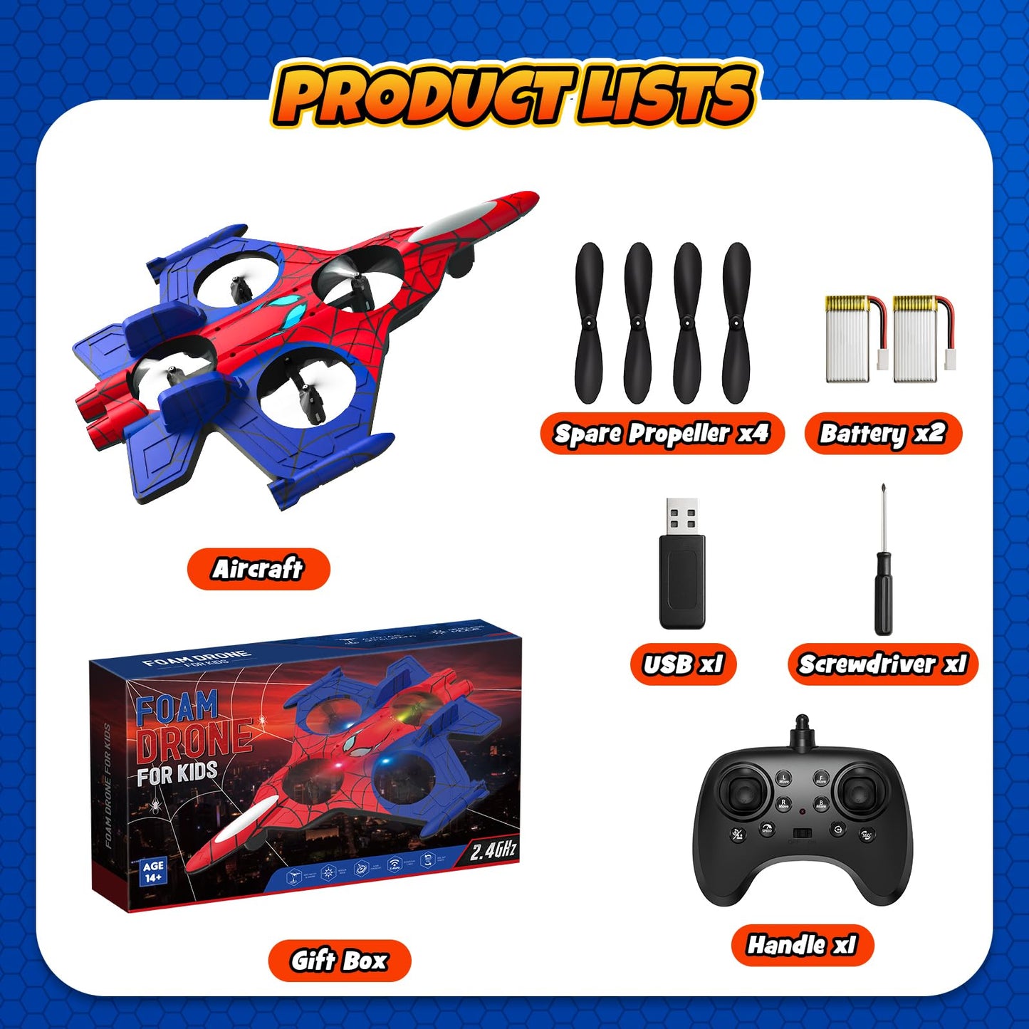 Motivekit Spider Mini Drone, Foam Remote Control Airplane for Kids, 2.4GHz RC Jet with LED Lights, 360° Stunt Flips and Rolls, Easy to Fly Toy Plane Gift for 8 9 10 12+ Year Old Boys Girls