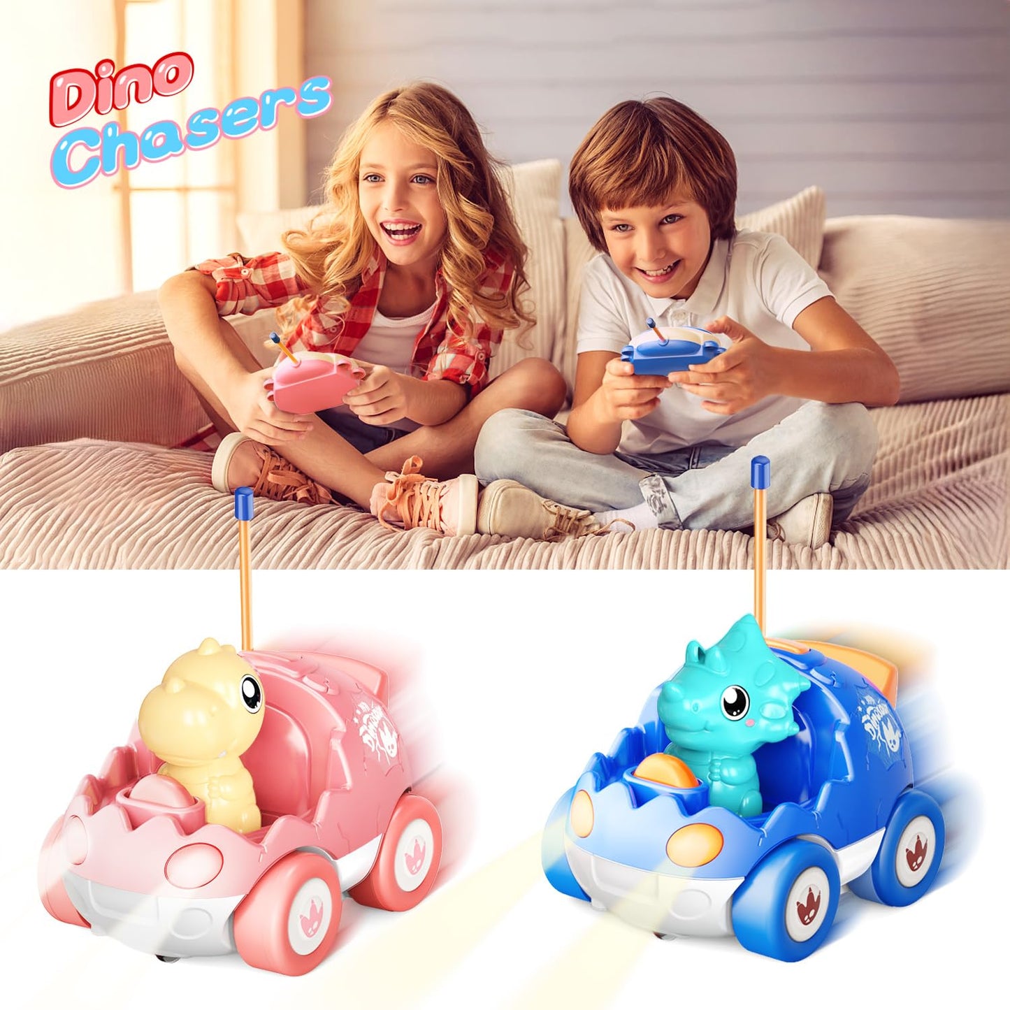 Kidz do 2 Pack Pink Dinosaur Remote Control Car Toys, Easter Present Birthday Gifts for Boys Girls 2 3 4 Years Old, Dino RC Car with Music and Light, Toddlers Toys for Kids 2-4 Year Old,(Pink Blue)