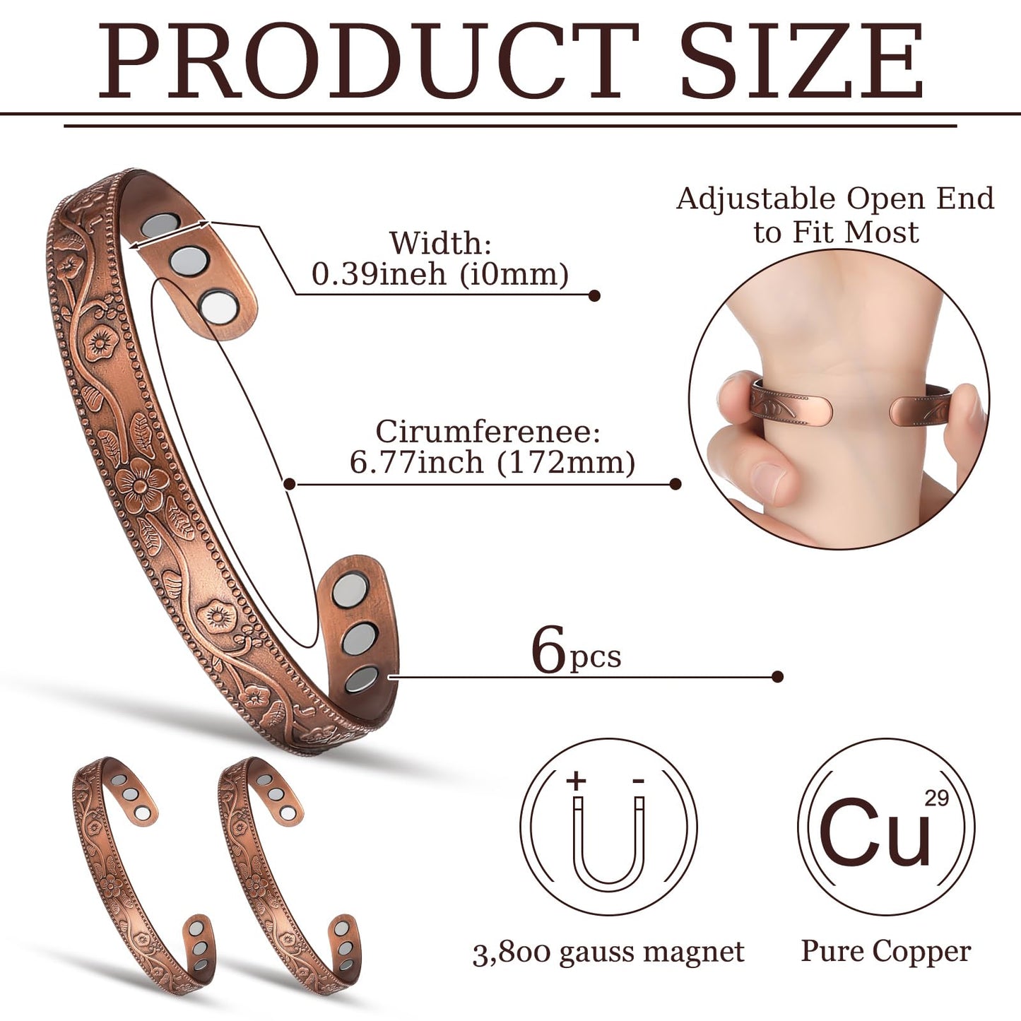 Highergo 6 Pcs Copper Magnetic Bracelet for Women Ultra Strength Magnetic Copper Bracelet Adjustable Flower Pattern Cuff Bangles Jewelry Gift