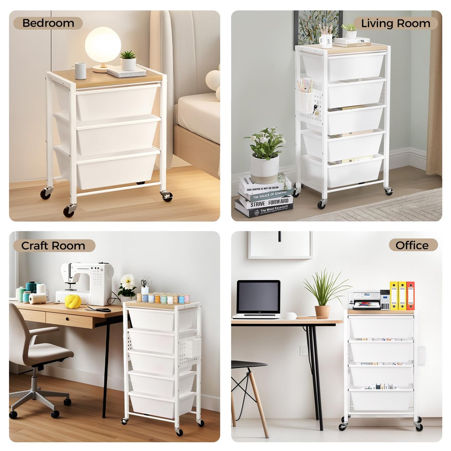 Rolling Cart with 3 Drawers, Plastic Drawer Storage Carts with Lockable Wheels & Wooden Tabletop, Metal Utility Cart Organizer, Office Bedroom Classroom Craft Organization and Storage, Bright White