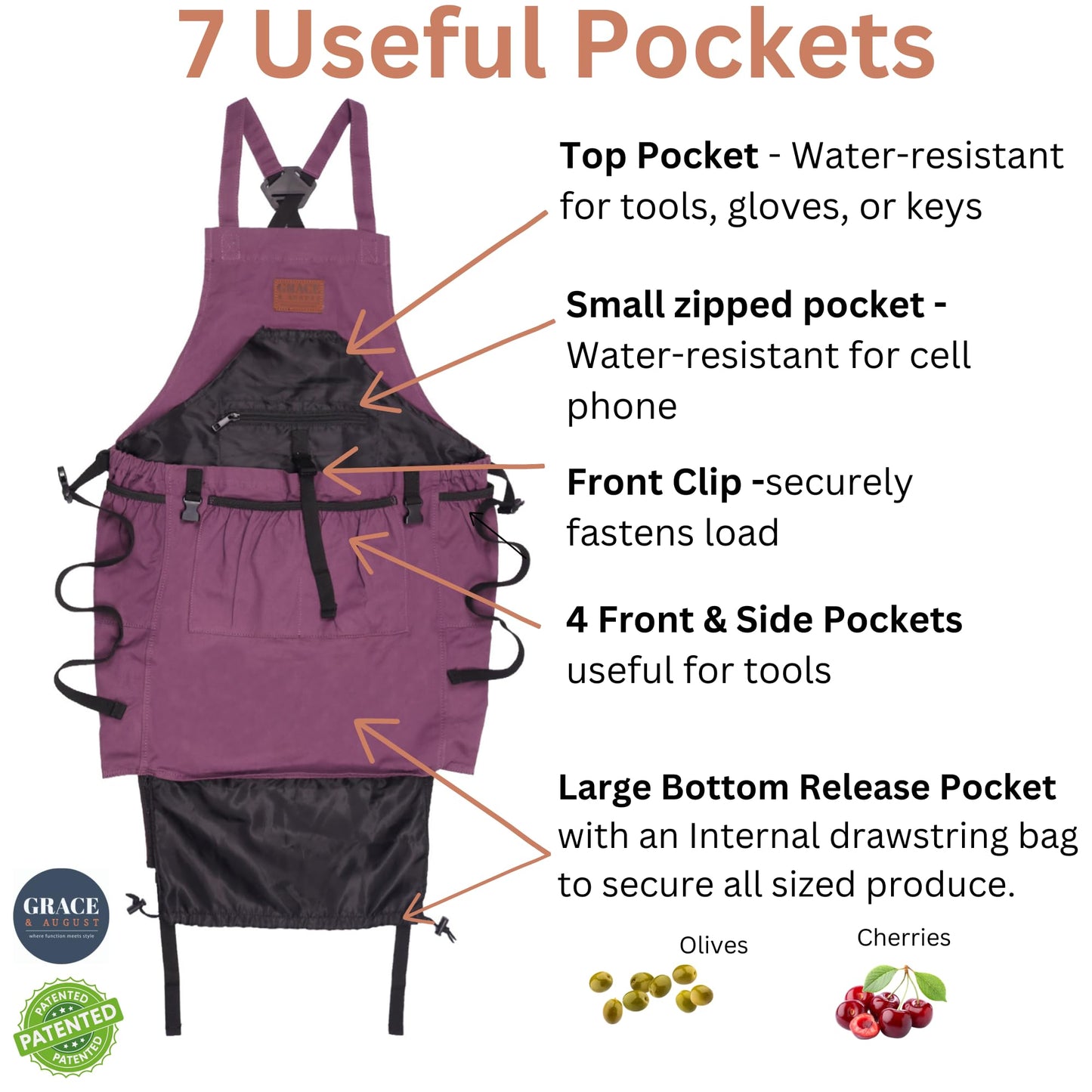 Grace and August Gardening Apron with Pockets for Women & Men - Unique Gardening Gift for Gardeners - Garden Apron 7 Pockets & Internal Drawstring Bag