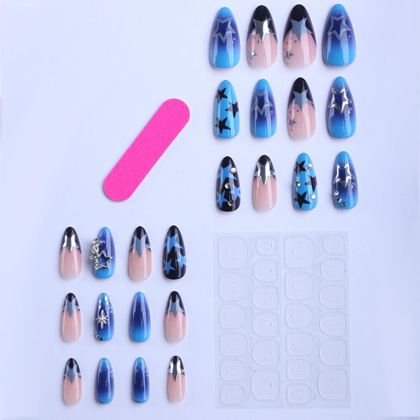 Almond Press on Nails Medium Fake Nails Blue Artificial Nail Seeneey Y2K and Silver Stars Designs Beach Stick on Nail for Women 24pcs