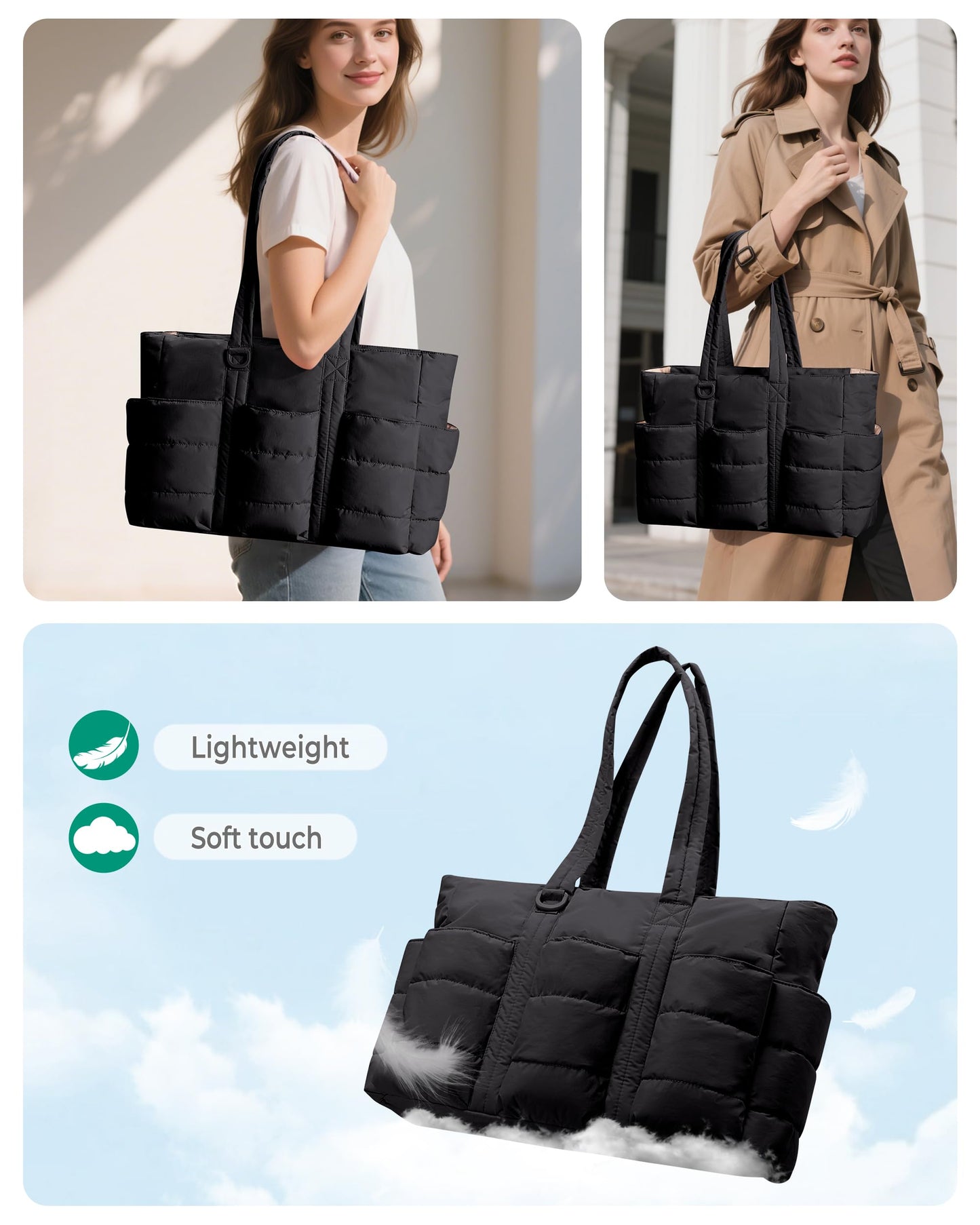 Fasrom 2PCS Nurse Tote Bag Bundle for Work, Structured Clinical Bag and Lightweight Puffer Nursing Tote, Multi-Pocket Nurse Bags for Nurses, Nursing Students, Home Health Care, Black
