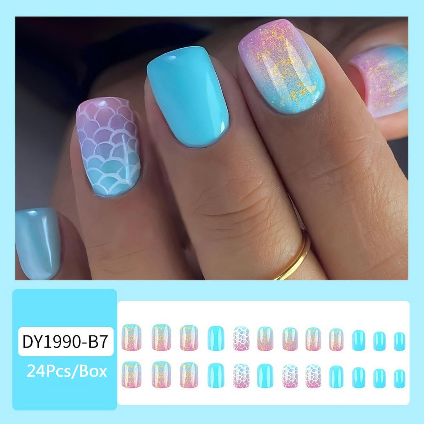 OCOUYVD 24 Pcs Summer Press On Nails Short Square Glitter Fish Scale Design Full Cover Artificial Nails Glossy False Nails Stick On Nails for Women Nail Art Manicure