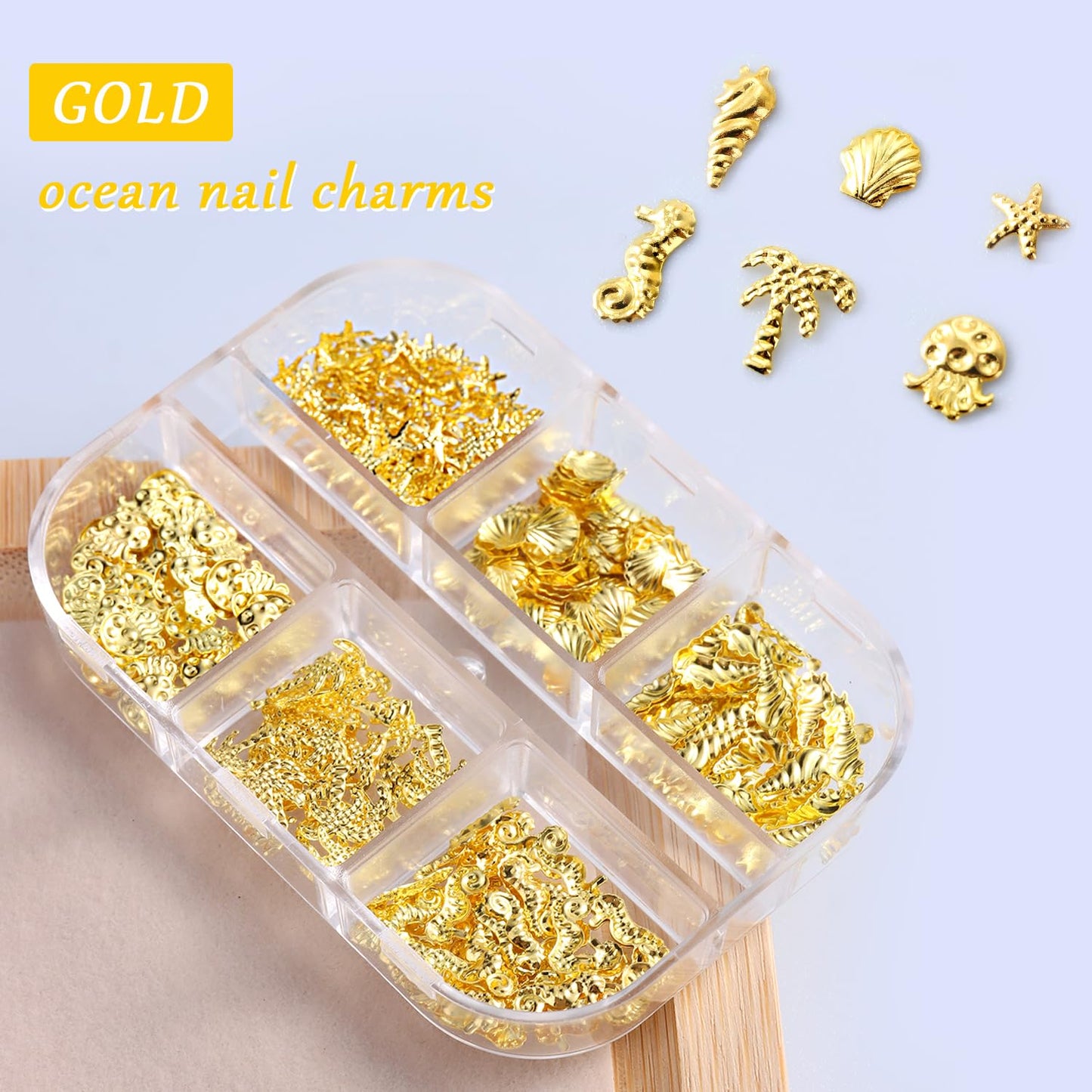 Furtherpretty 3D Beach Nail Charms Set, 2 Boxes Gold & Silver Seashell Nail Charms, Summer Ocean Starfish Jellyfish Palm Tree Nail Art Accessories Decoration with Tweezers, concha nácar para uñas