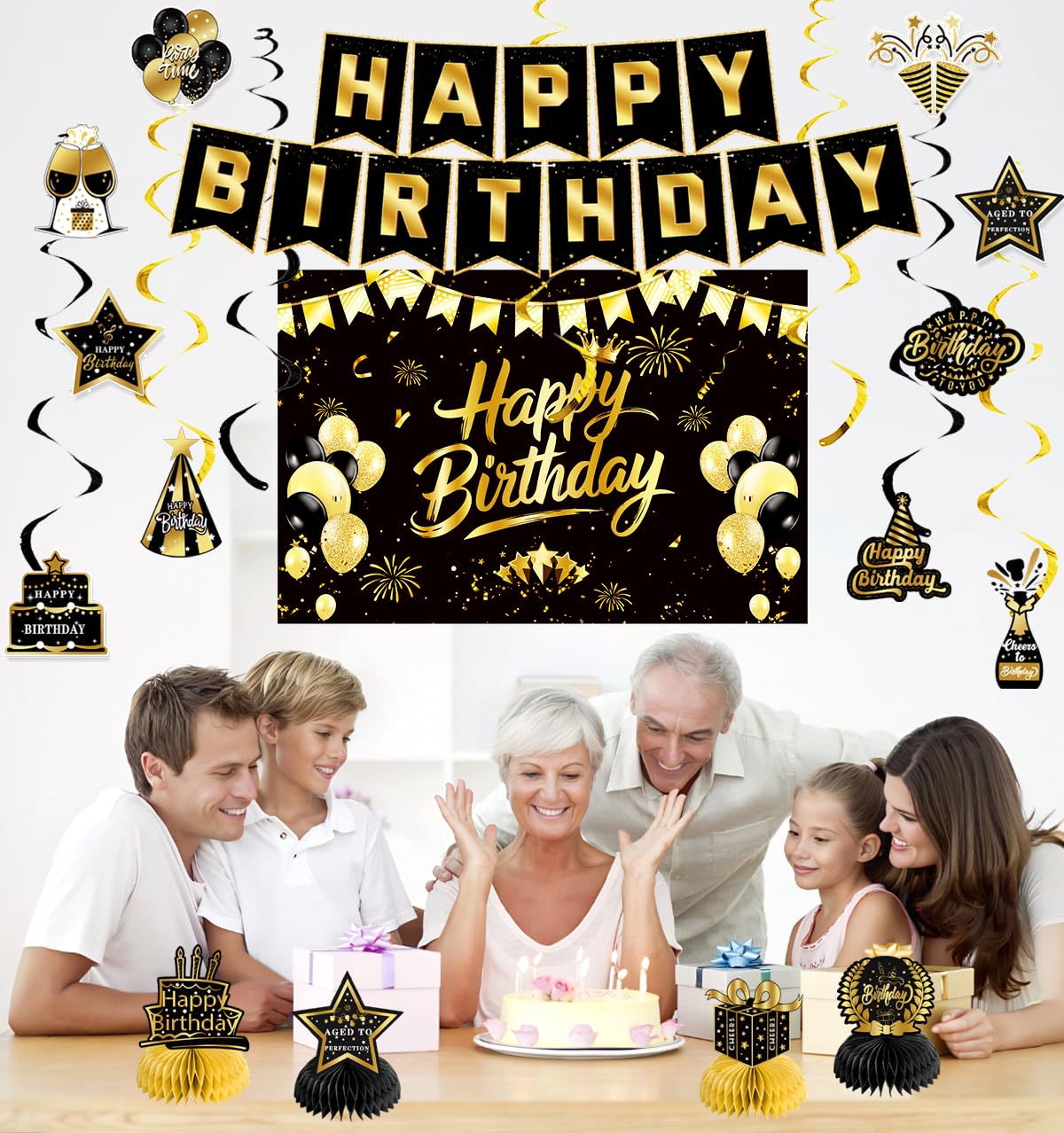 Black Gold Birthday Decorations for Men Women, Pre-Strung Happy Birthday Banner with Backdrop, Balloons,Honeycomb Centerpieces & Streamers Kit