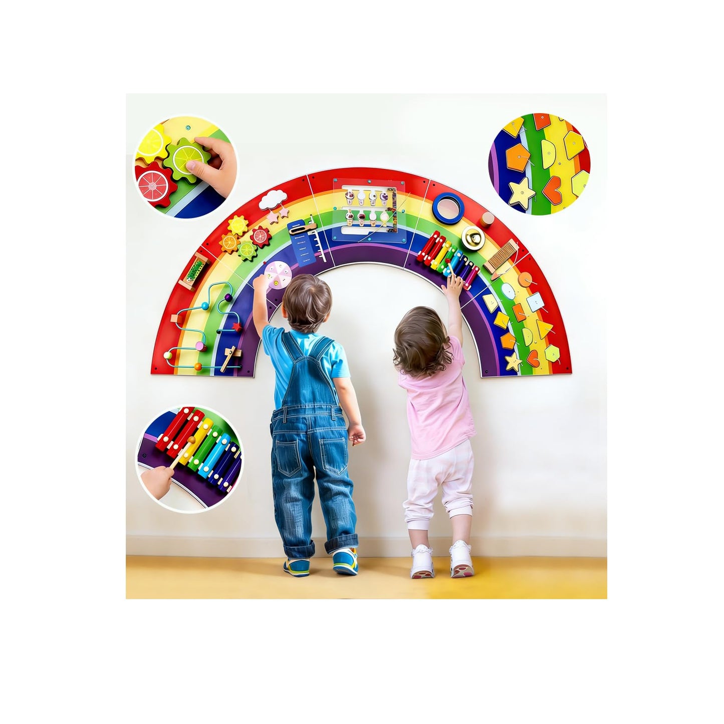Sinpedex Rainbow Wall Busy Board for Kids: Wooden Montessori Activity Panel | 13-in-1 Sensory Learning Toys for Fine Motor Skills - Playroom & Nursery Essentials for Toddlers