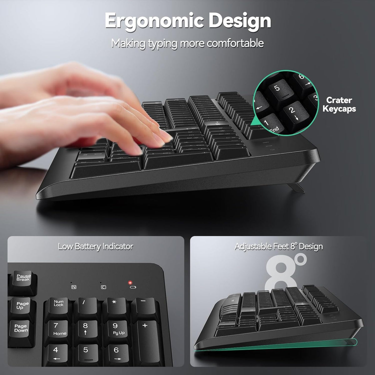 TECKNET Wireless Keyboard, 2.4G Silent Full-Size USB Keyboard with Number Pad, Ergonomic Keys & Foldable Feet, Compatible with Laptop, PC, Desktop, Surface, Windows 11/10/8/7 – QWERTY US Layout, Black