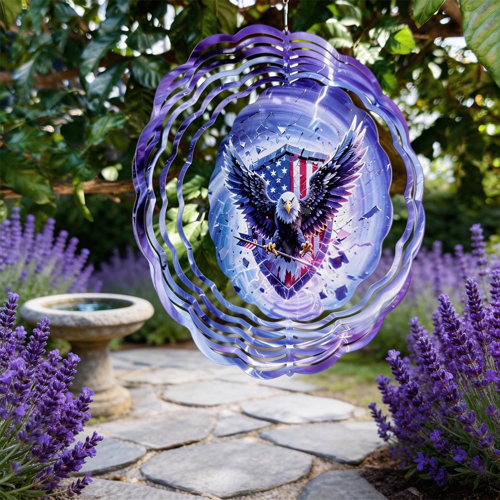 10x10 Patriotic Bald Eagle Spinning Wind Chime American Flag Lightning Wind Spinner Outdoor Garden Decor Memorial Day 4th of July Gift